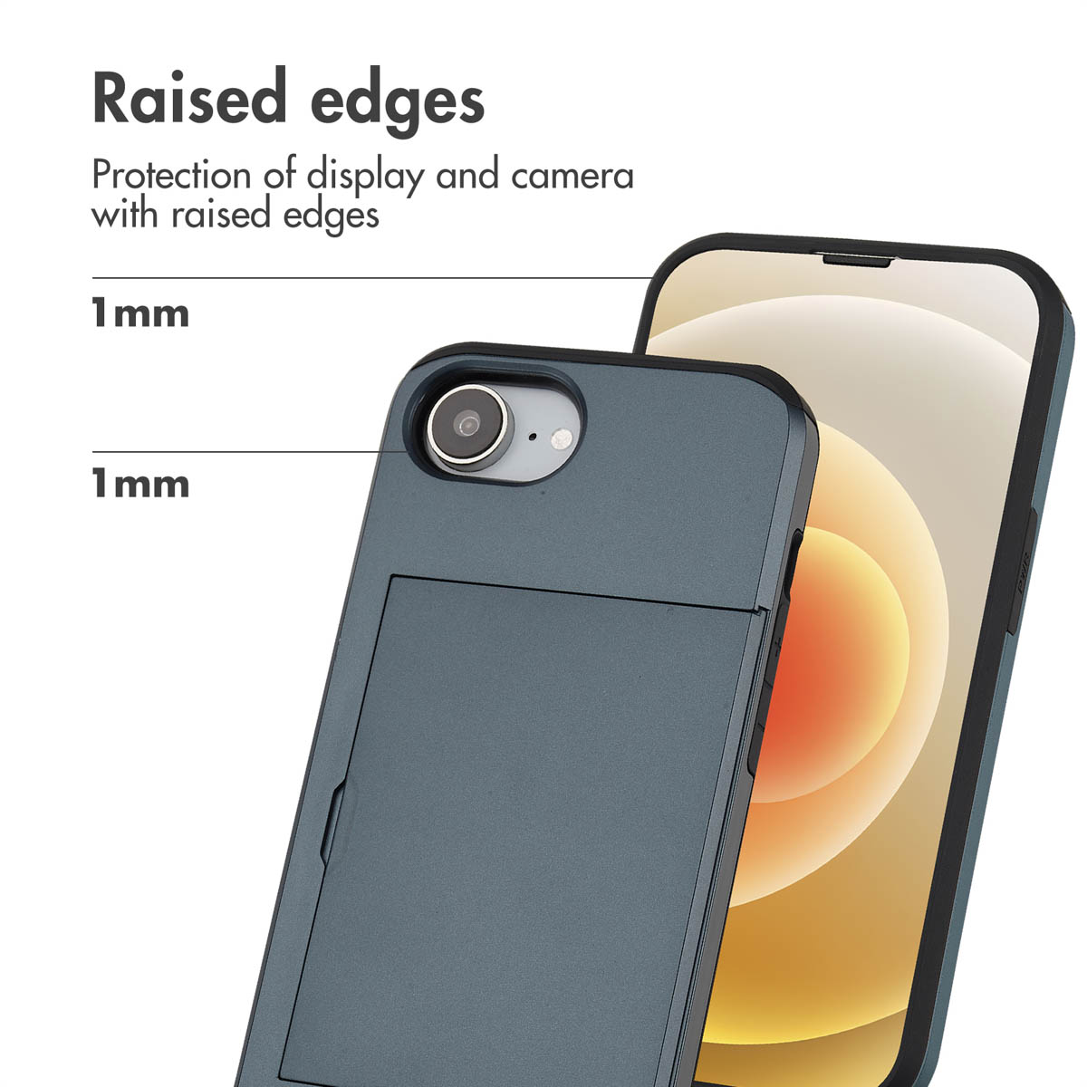Smartphone in custodia blu con porta carte e bordi rialzati per proteggere schermo e fotocamera.