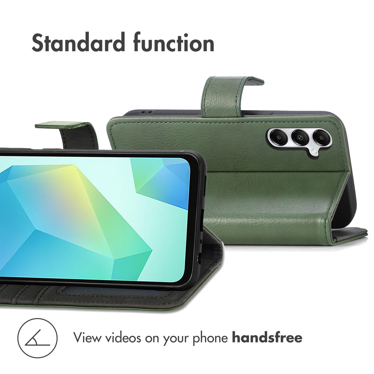 Eine grüne Handytasche aus Leder mit einem Smartphone, das den Bildschirm und die Kamera zeigt.