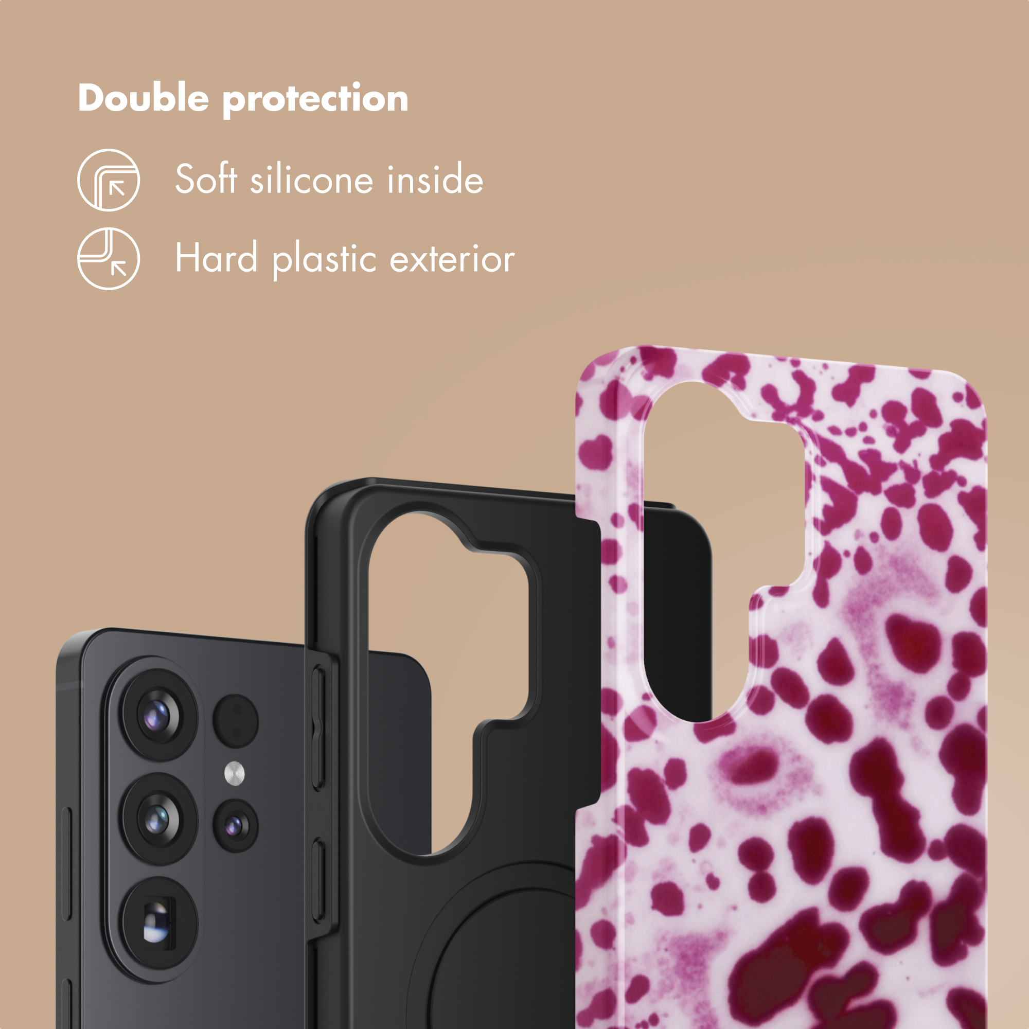 Un anuncio que muestra doble protección para el teléfono con interior de silicona suave y exterior de plástico duro.