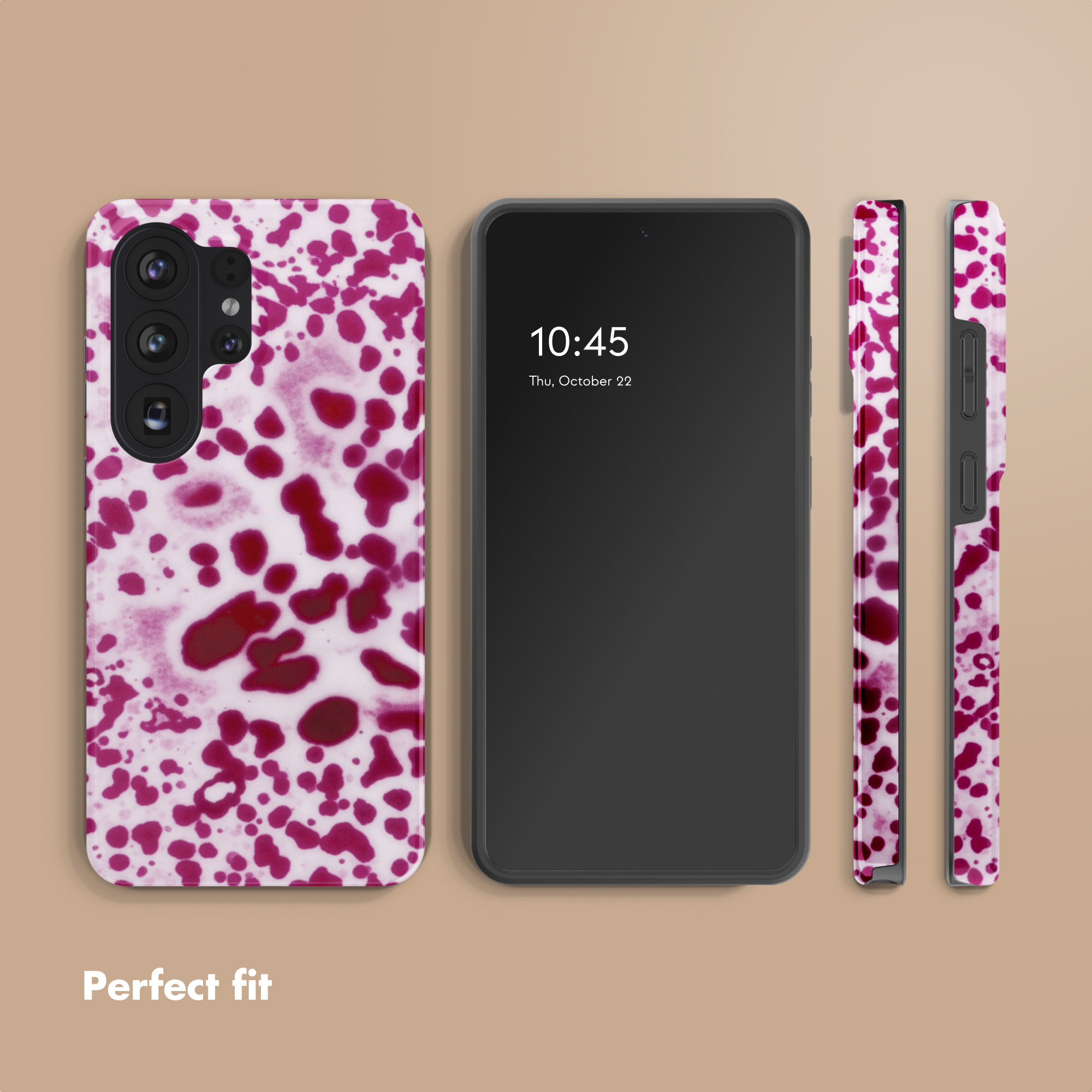 Smartphone con funda rosa y roja con manchas, visto desde varios ángulos sobre fondo beis.