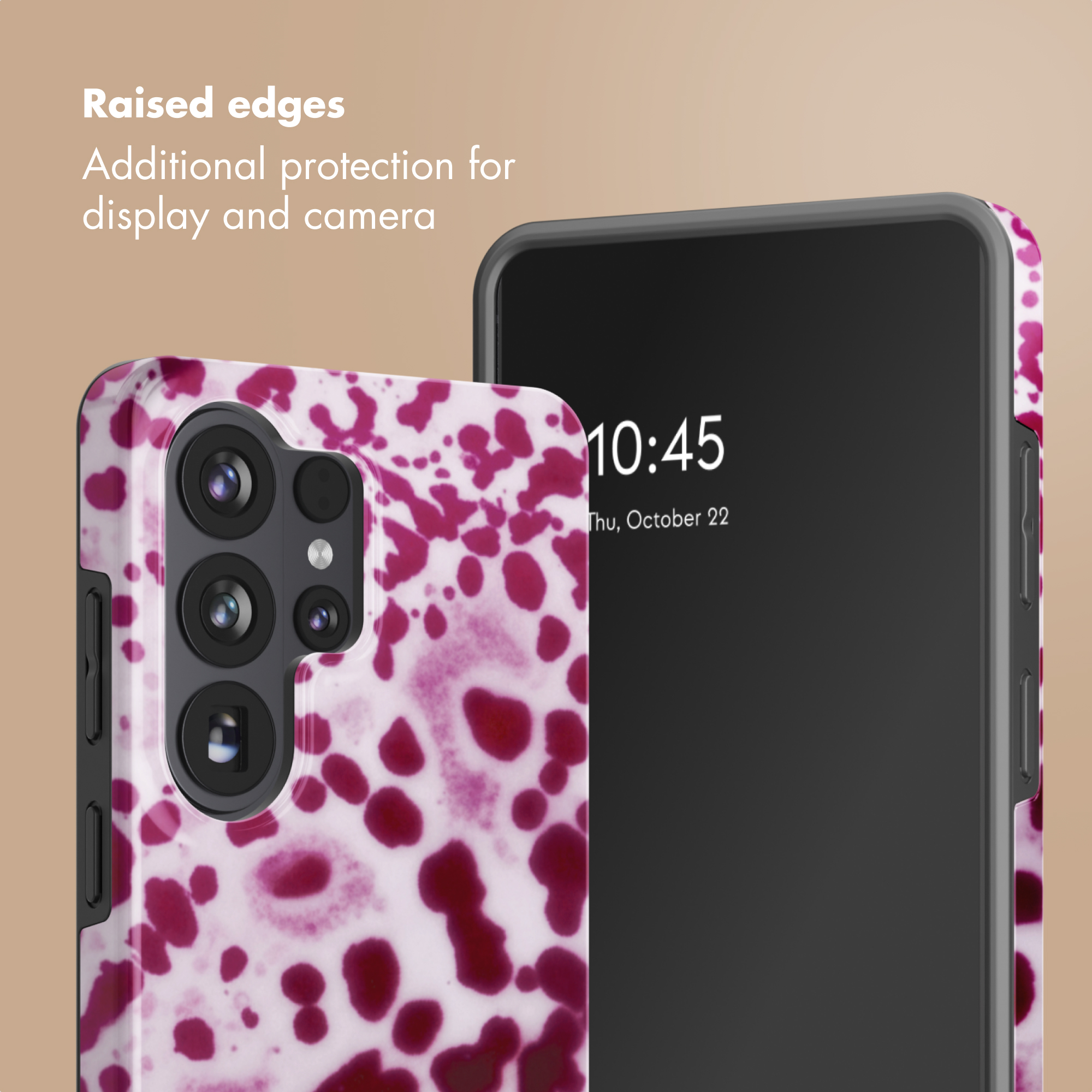 Smartphone en funda rosa y blanca moteada, con bordes elevados para proteger pantalla y cámara.