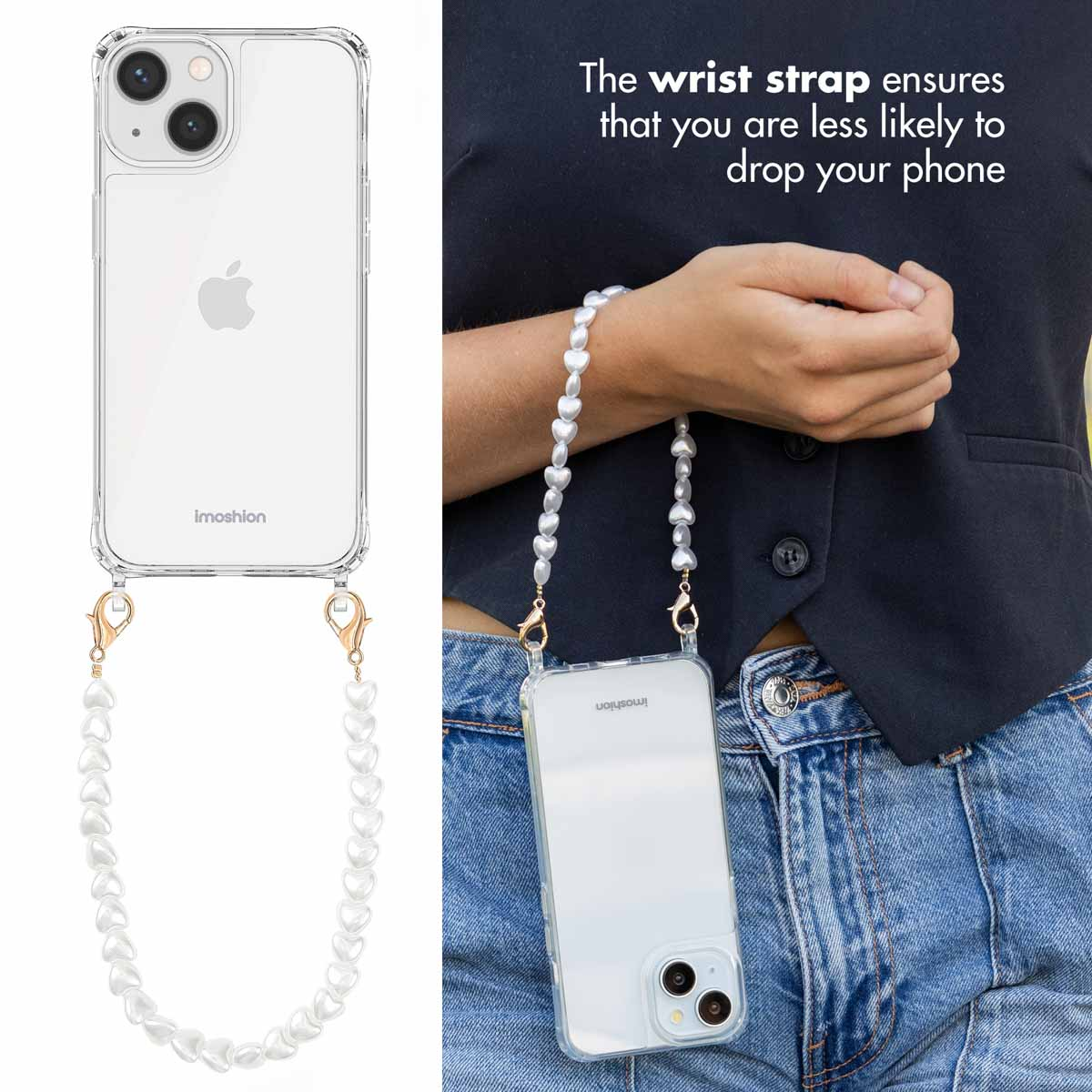 Une main porte une coque transparente avec une lanière de poignet en perles en forme de cœur.