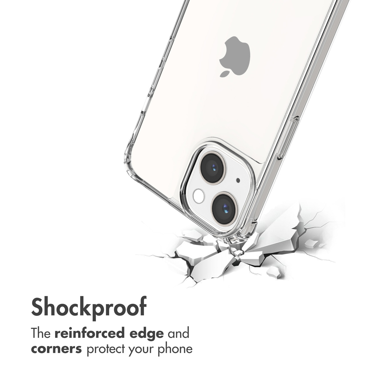 Une coque transparente sur un iPhone au-dessus d'une surface blanche qui se brise, avec du texte en bas.