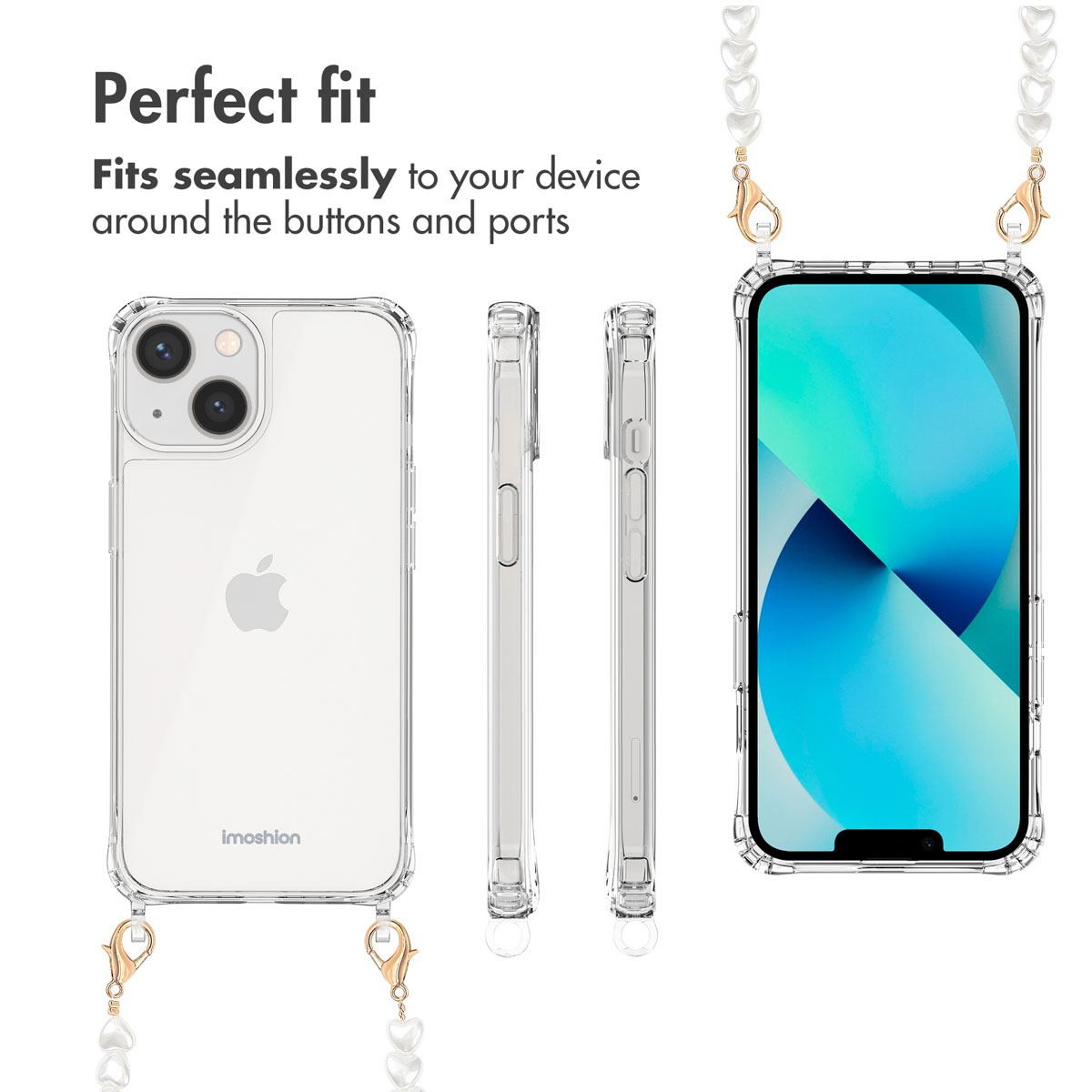Coque de téléphone transparente avec sangle de chaîne de cœur et découpes précises.