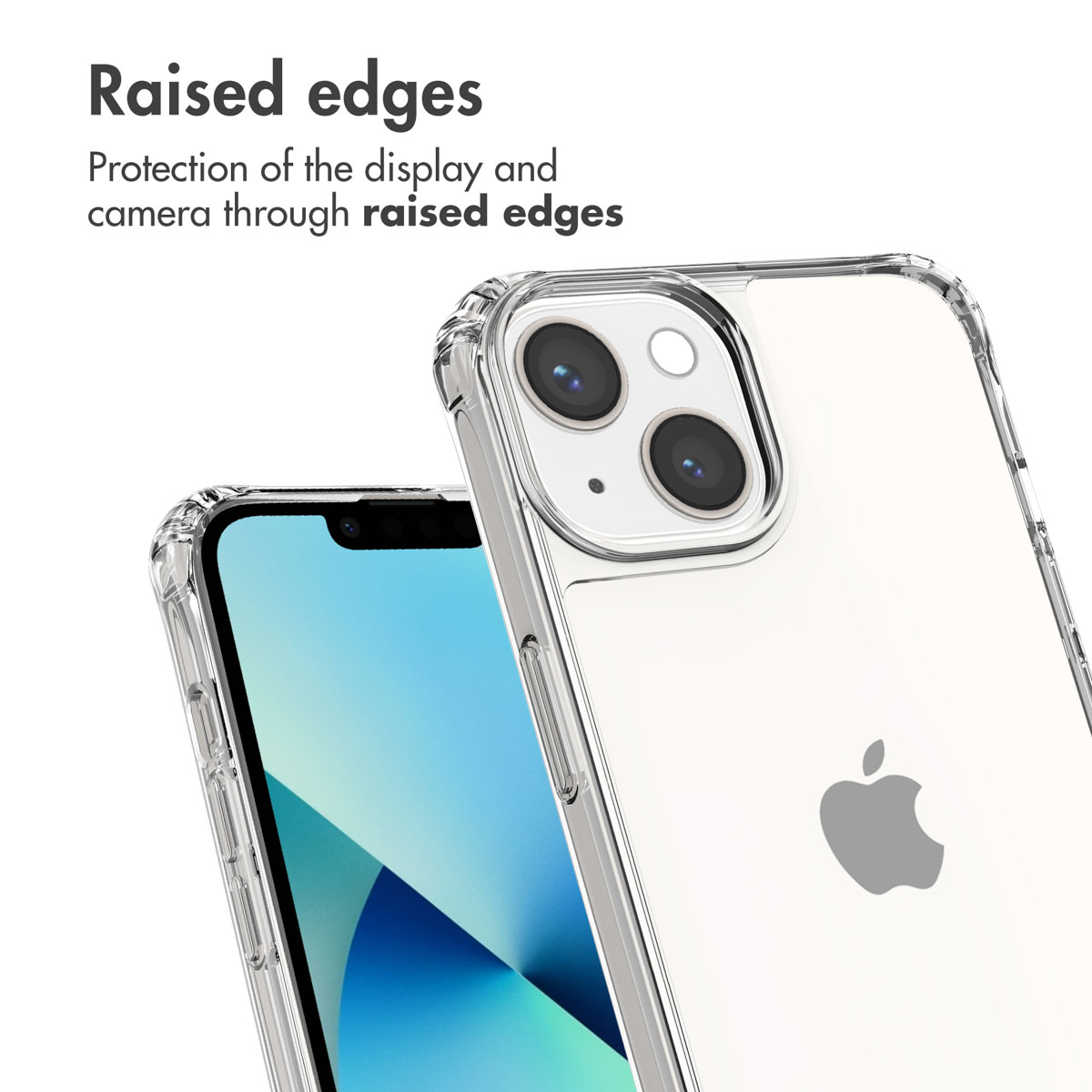Coque transparente avec des bords surélevés pour protéger l'écran et l'appareil photo.