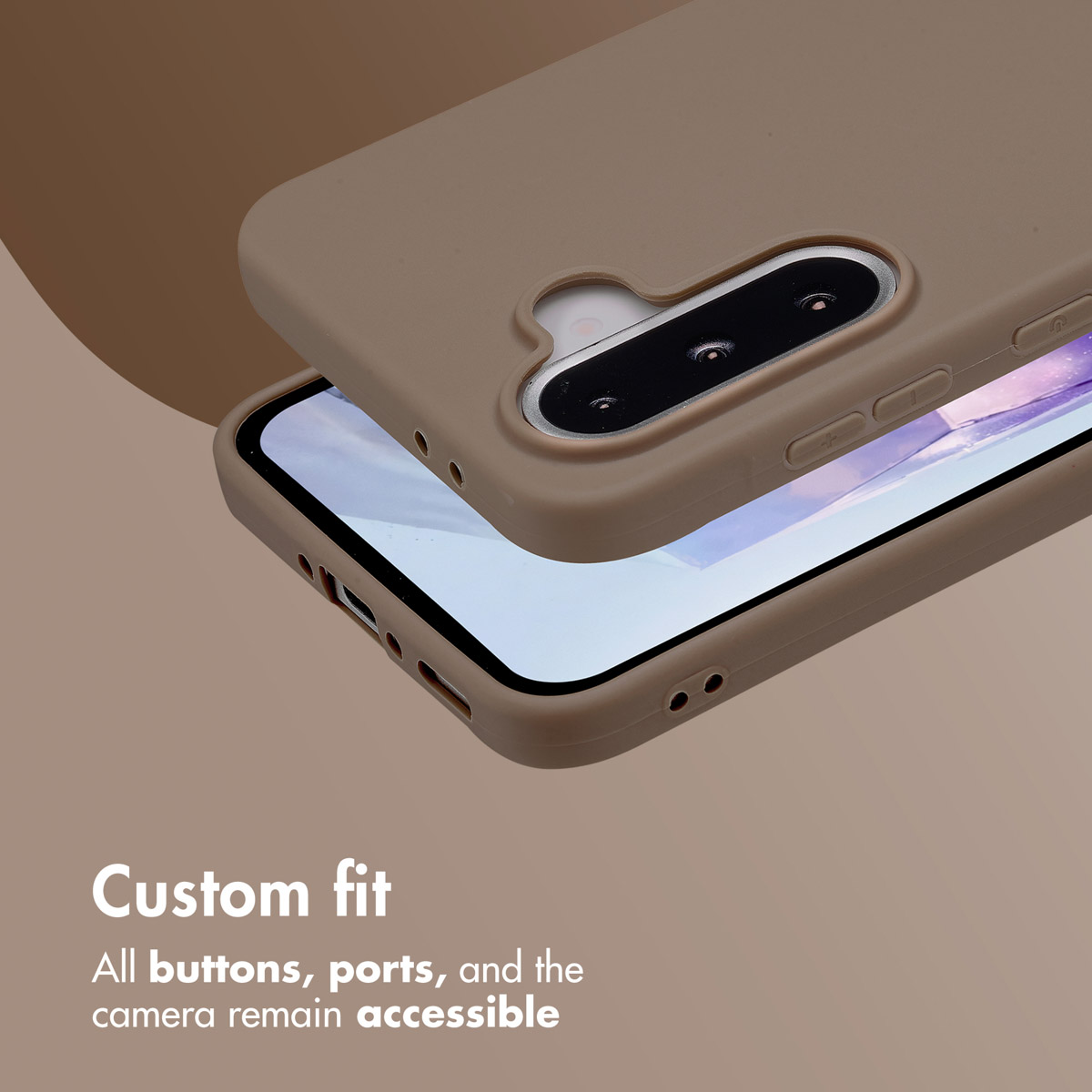 Ein Smartphone in einer hellbraunen Schutzhülle vor braunem Hintergrund mit Text.