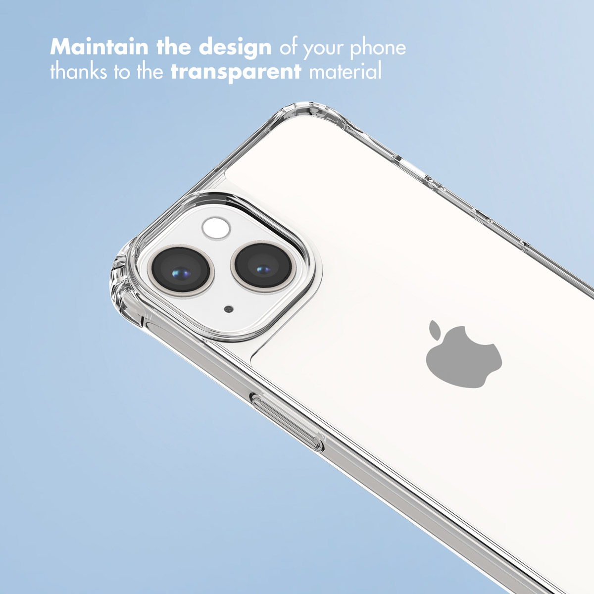 Coque de protection transparente à l'arrière d'un iPhone sur fond bleu clair, montrant deux caméras et le logo Apple.