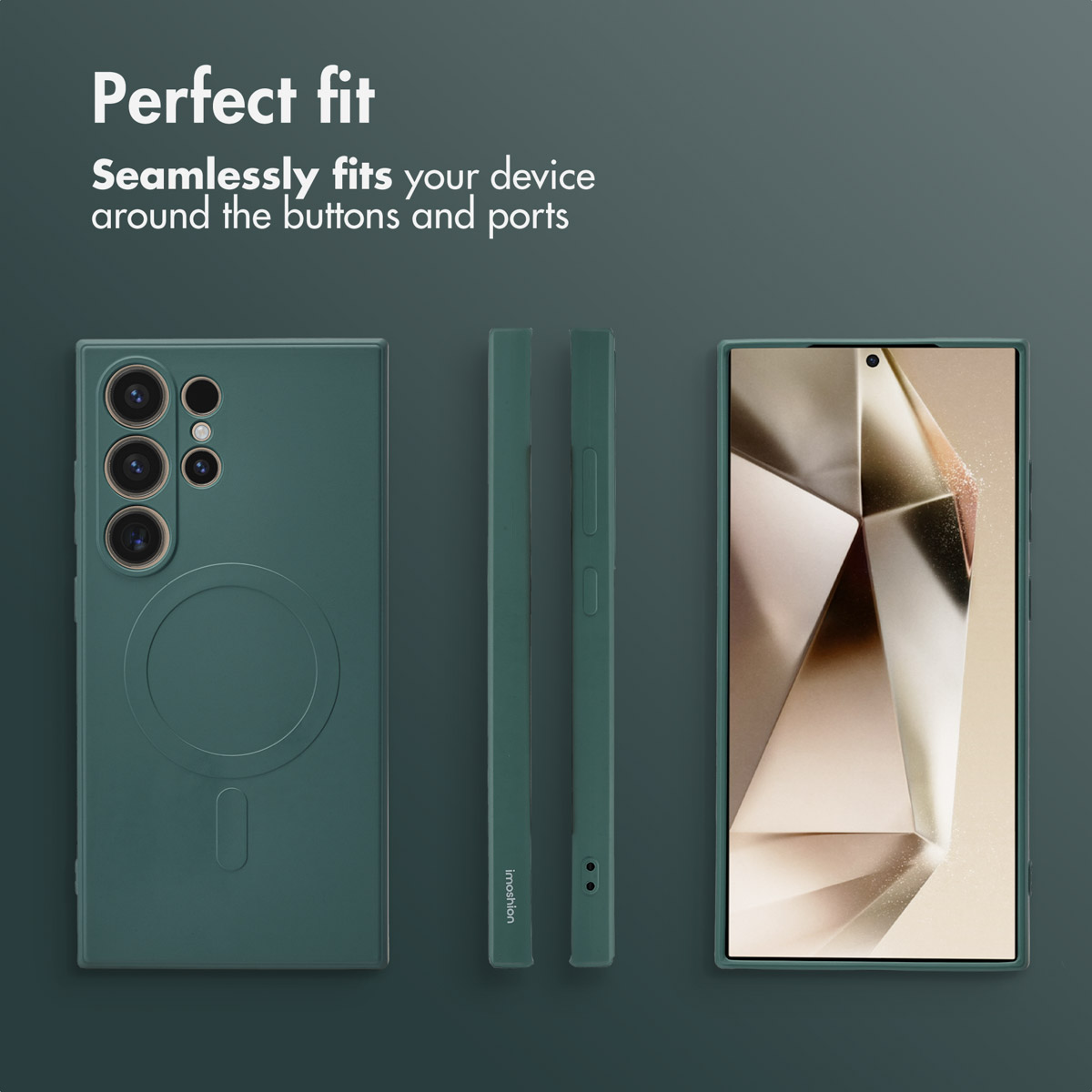 Coque de smartphone verte présentée sous trois angles sur fond sombre.