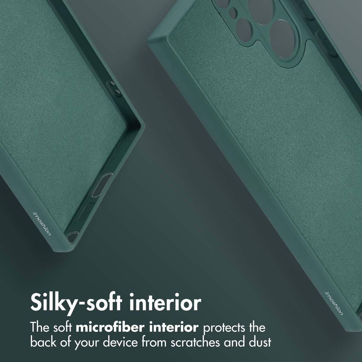 Coque de téléphone verte avec intérieur doux et texte.
