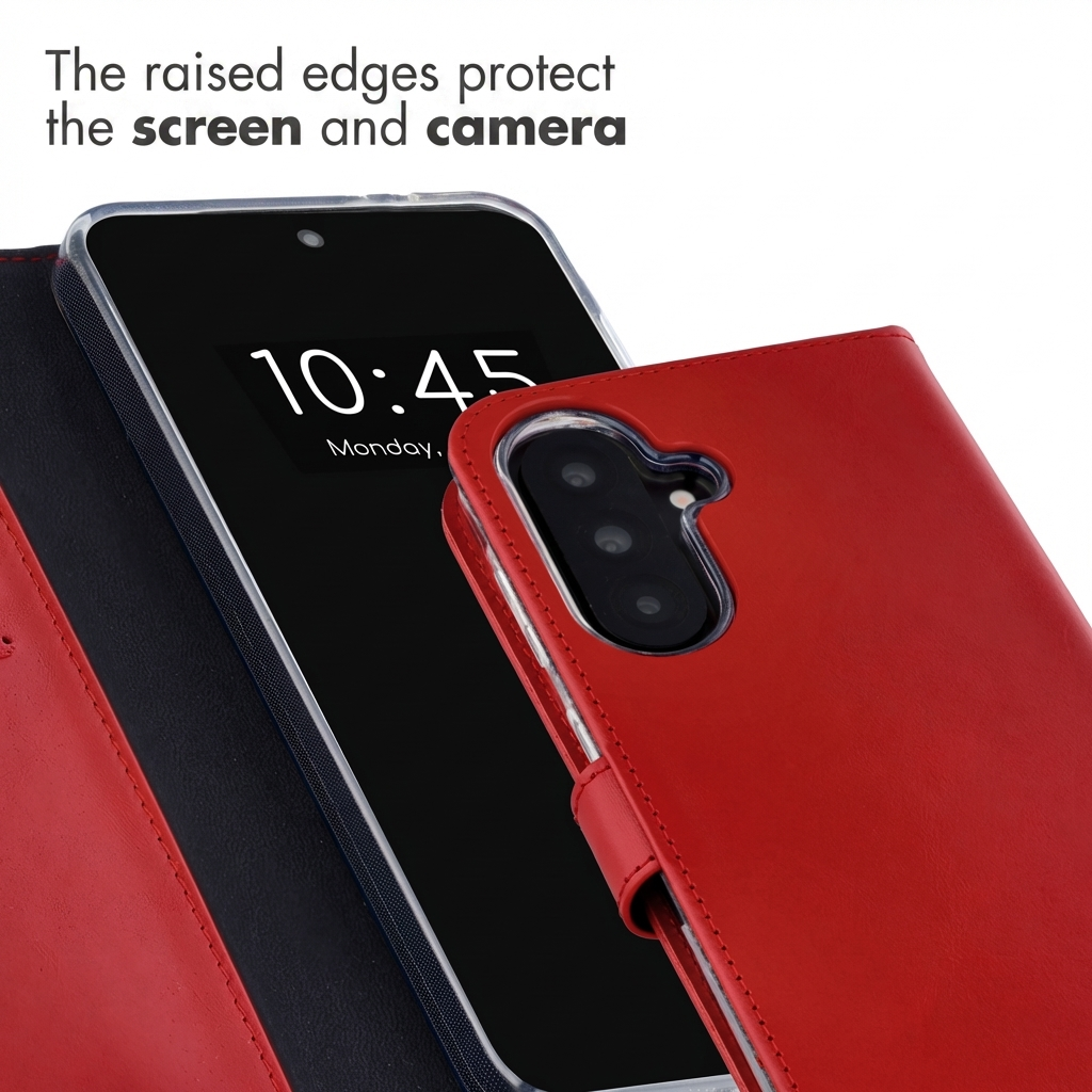 Rote Lederhülle um ein Smartphone mit schwarzem Display, Anzeige zeigt 10:45.