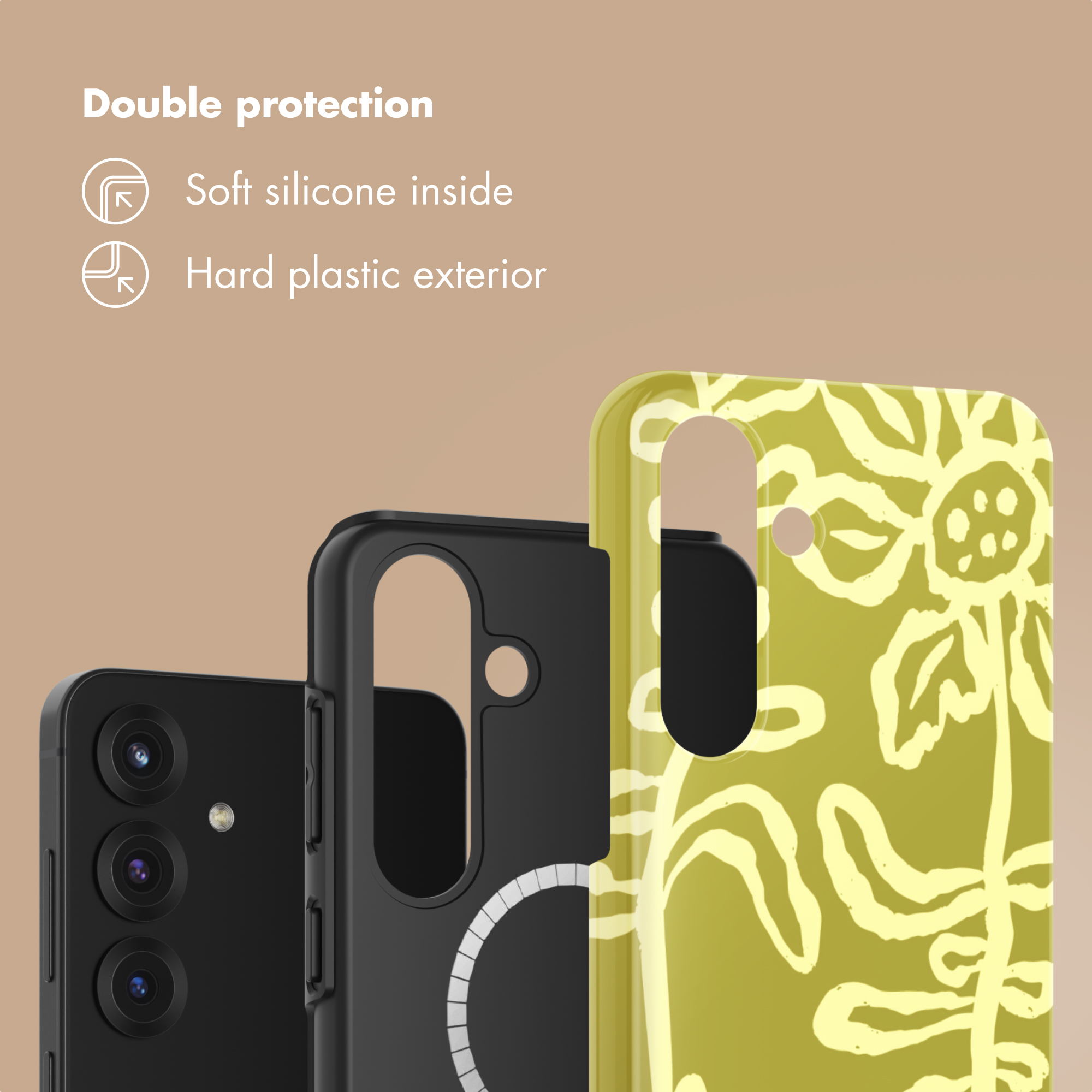 Un teléfono con funda de doble protección, interior de silicona suave y exterior de plástico duro.