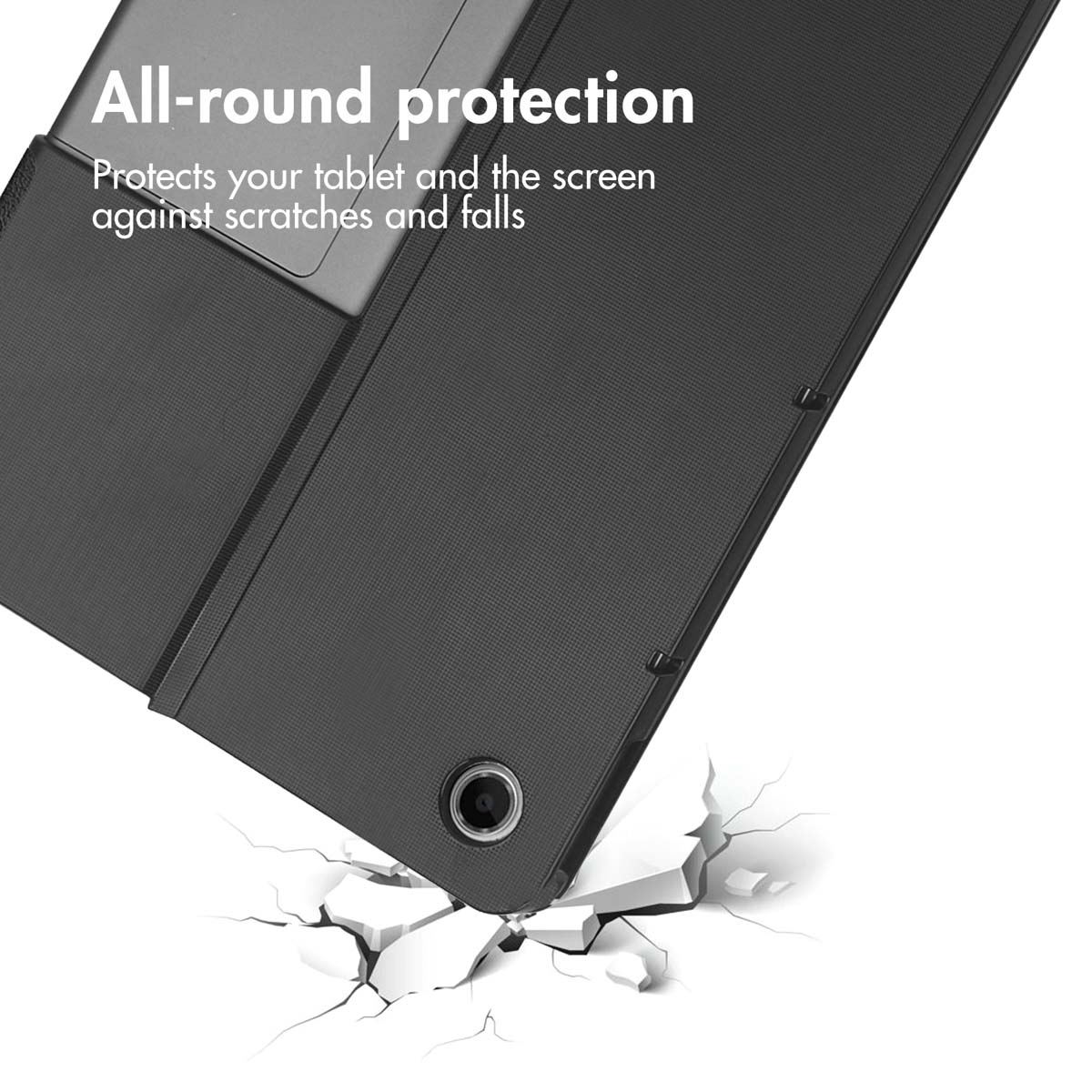 Zwarte tabletbeschermhoes over een gebarsten achtergrond met tekst All-round protection.