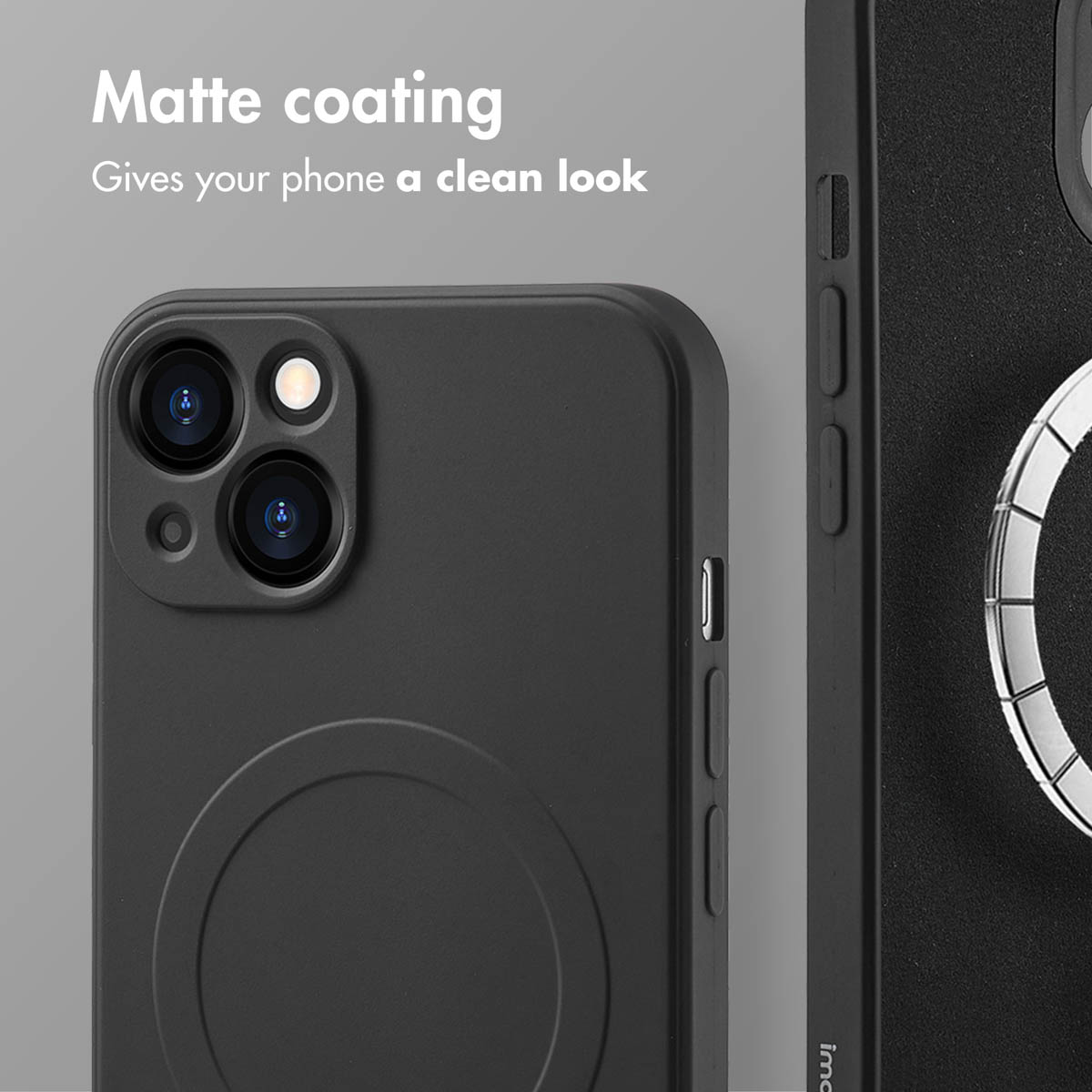 Une coque de téléphone noire mate avec découpe pour appareil photo et anneau MagSafe.