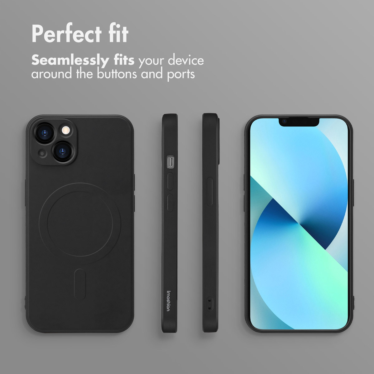 Coque de téléphone noire montrée sous quatre angles avec texte Perfect fit et ajustement parfait sur fond gris.