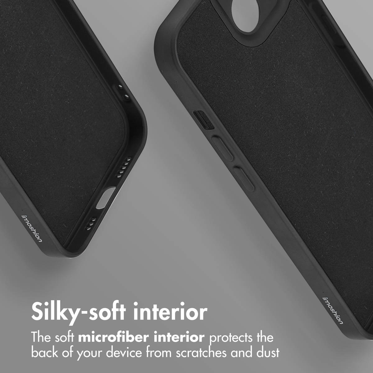 Deux coques de téléphone noires avec doublure en microfibre douce sur fond gris. Le texte décrit l'intérieur.