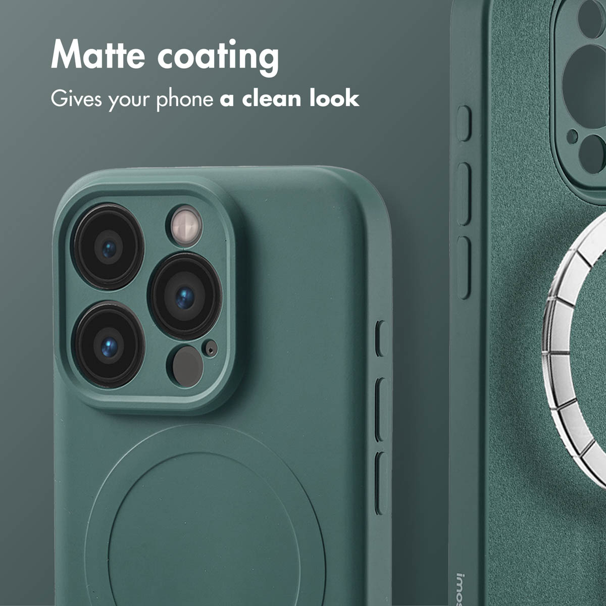 Custodia per telefono verde con rivestimento opaco e ritaglio per fotocamera.