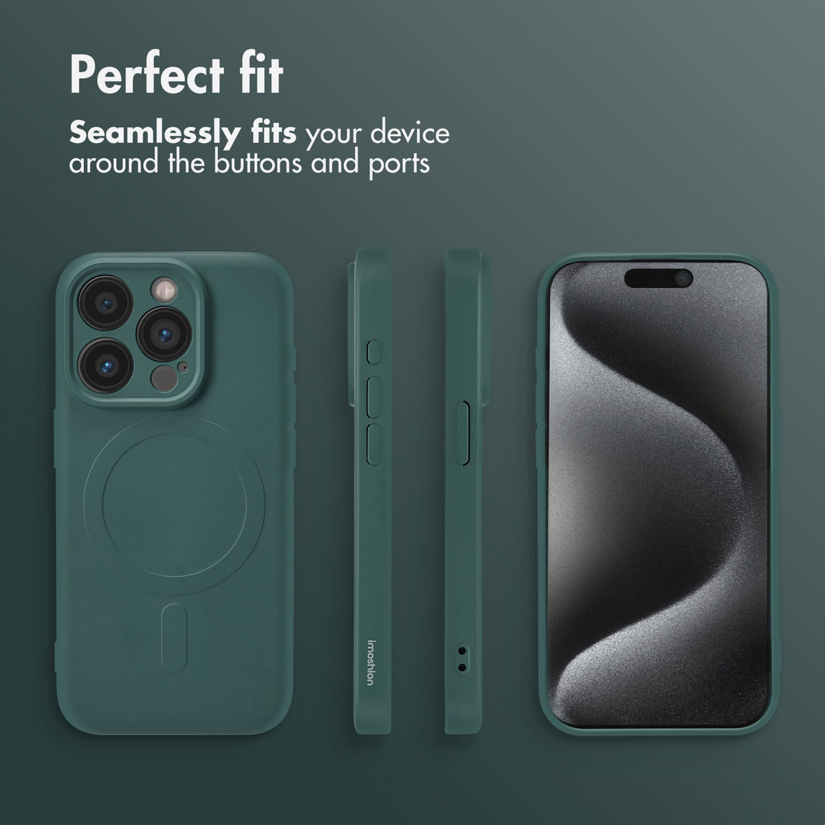 Custodia per telefono verde in più viste con testo Perfect fit su sfondo scuro.