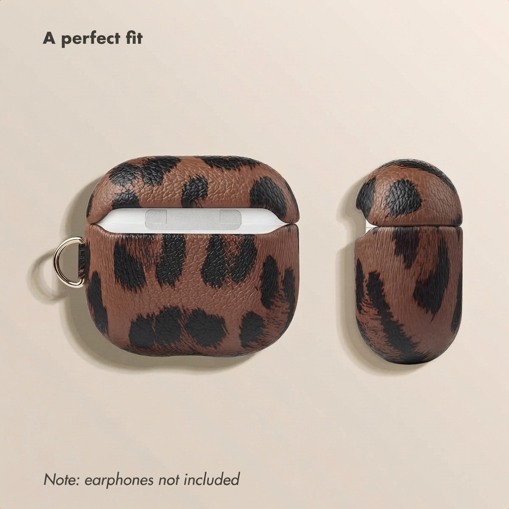 Due custodie per AirPods marroni con stampa leopardata su sfondo chiaro con testo.
