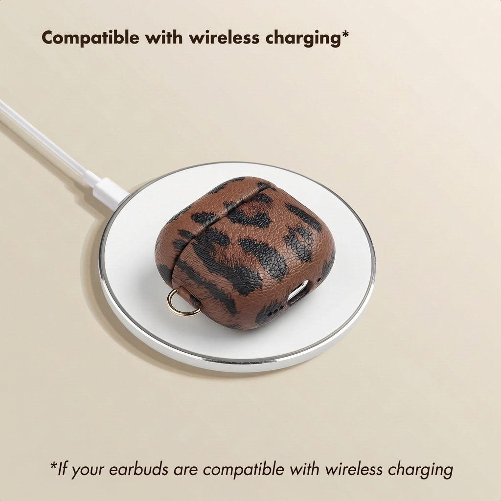 Una custodia per auricolari animalier si trova su un caricabatterie wireless bianco rotondo.