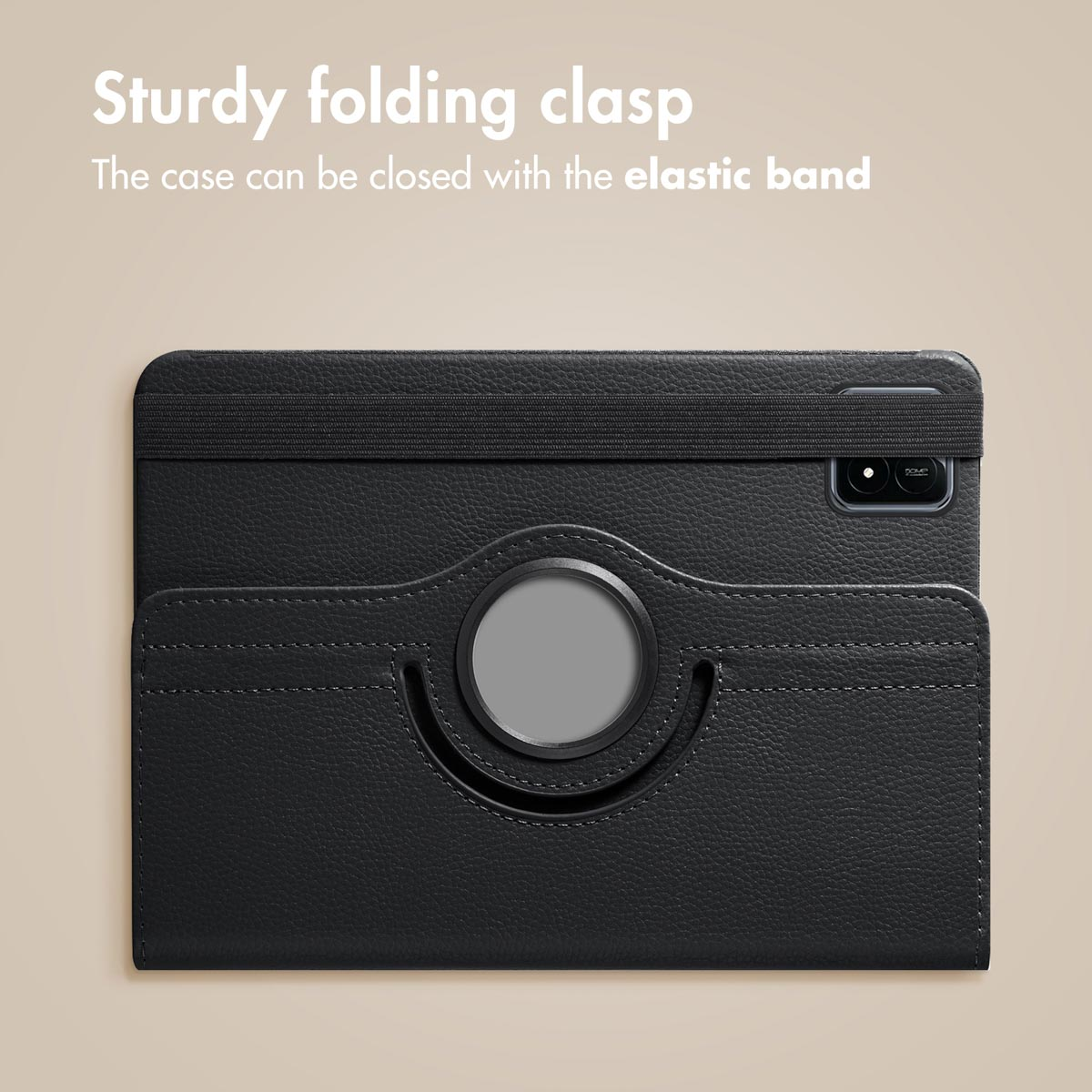 Black leather protective case with an elastic band and clasp.