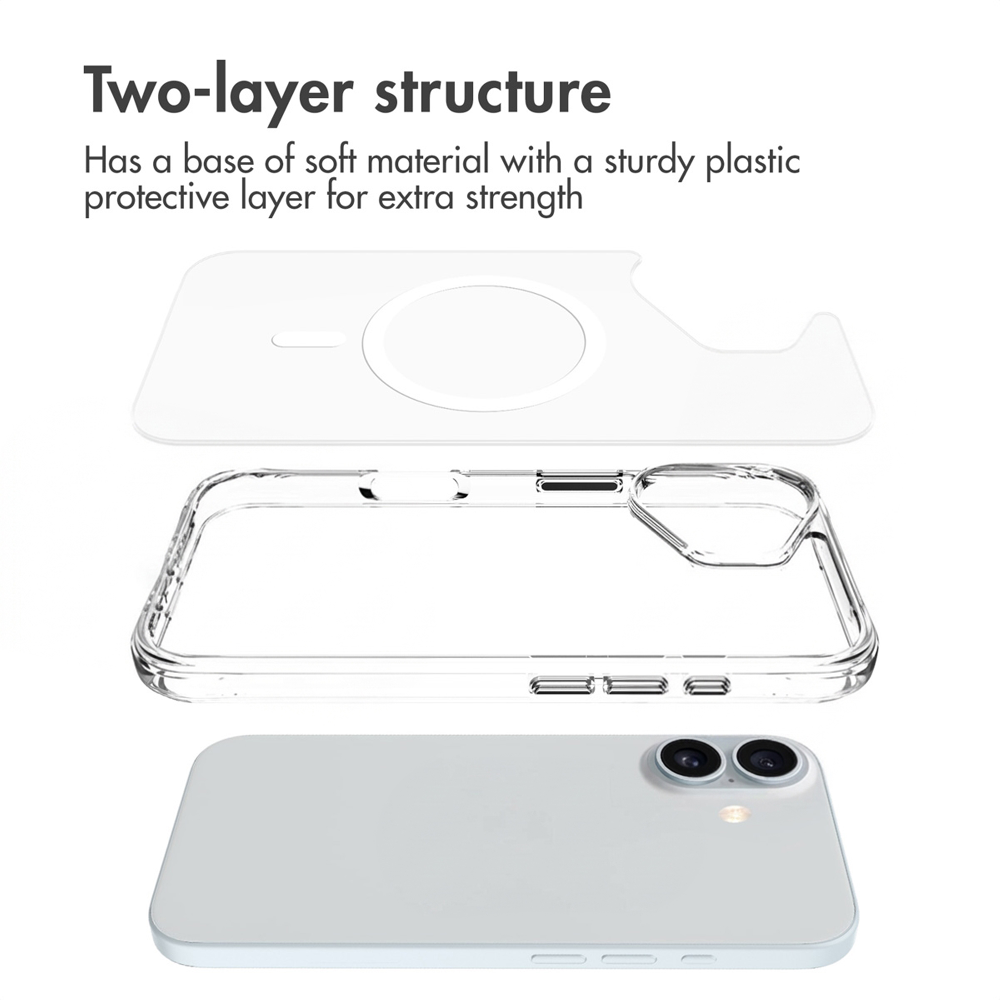Diagramm zeigt eine zweilagige Handyhülle mit weicher Basis und stabiler Plastikschicht über einem Smartphone.