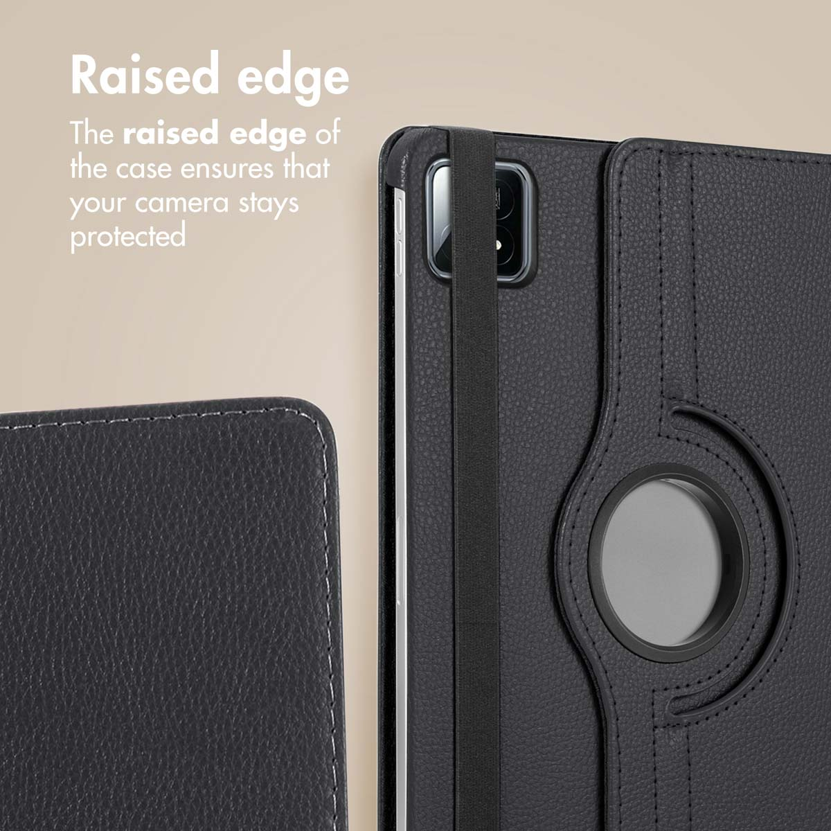 Raised edge of a black tablet case protects the camera.