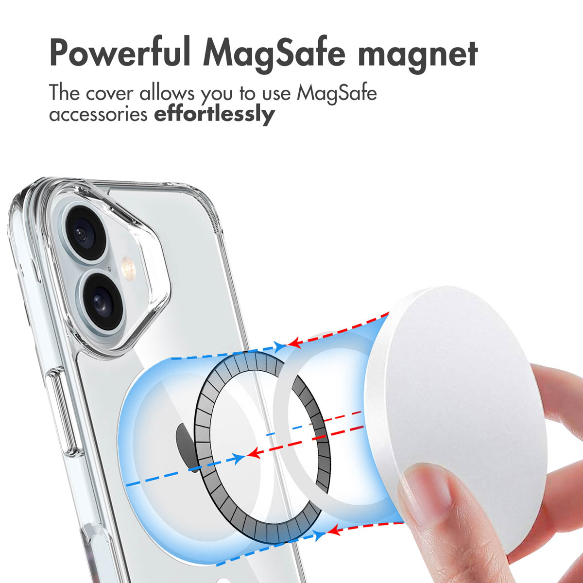 Eine Hand hält ein MagSafe-Ladegerät, das sich an einer klaren Schutzhülle ausrichtet.