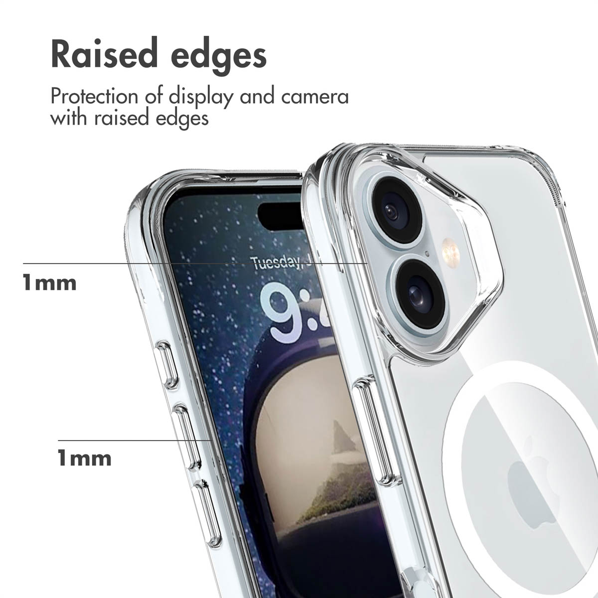 Transparente Handyhülle mit 1 mm erhöhten Rändern für Display- und Kameraschutz.