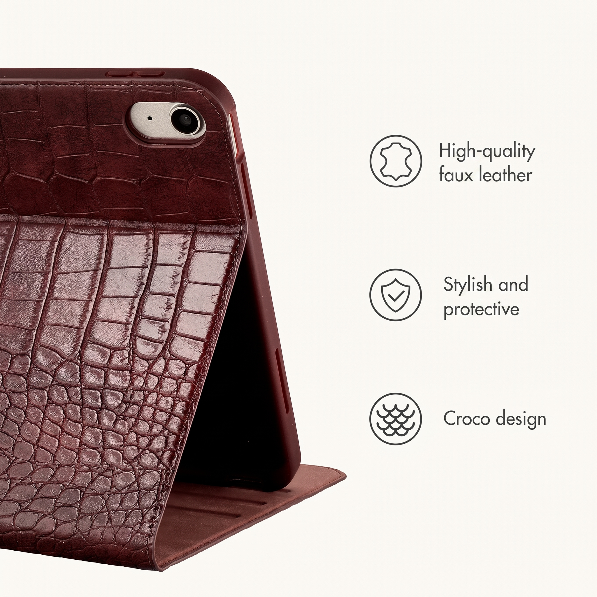 Una custodia per tablet in ecopelle marrone con design coccodrillo su sfondo bianco con icone.