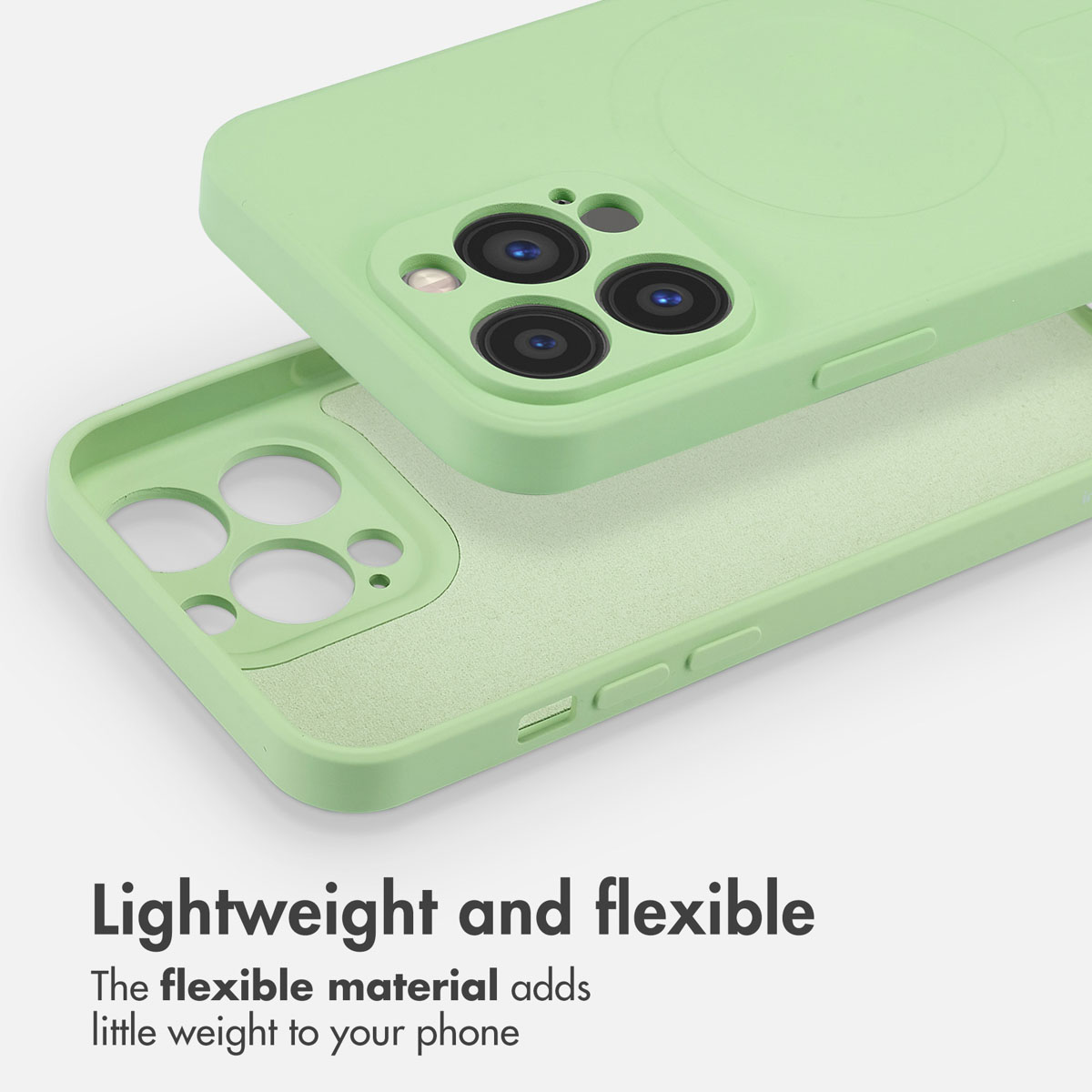 Due cover per telefono in silicone verde chiaro su sfondo bianco con testo.
