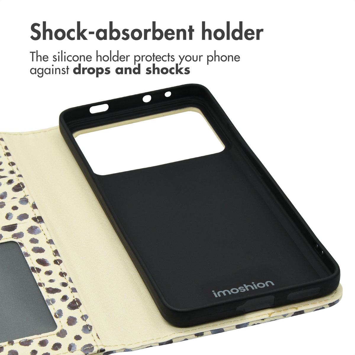 Una funda de móvil abierta con estampado de leopardo, soporte interno negro y texto.
