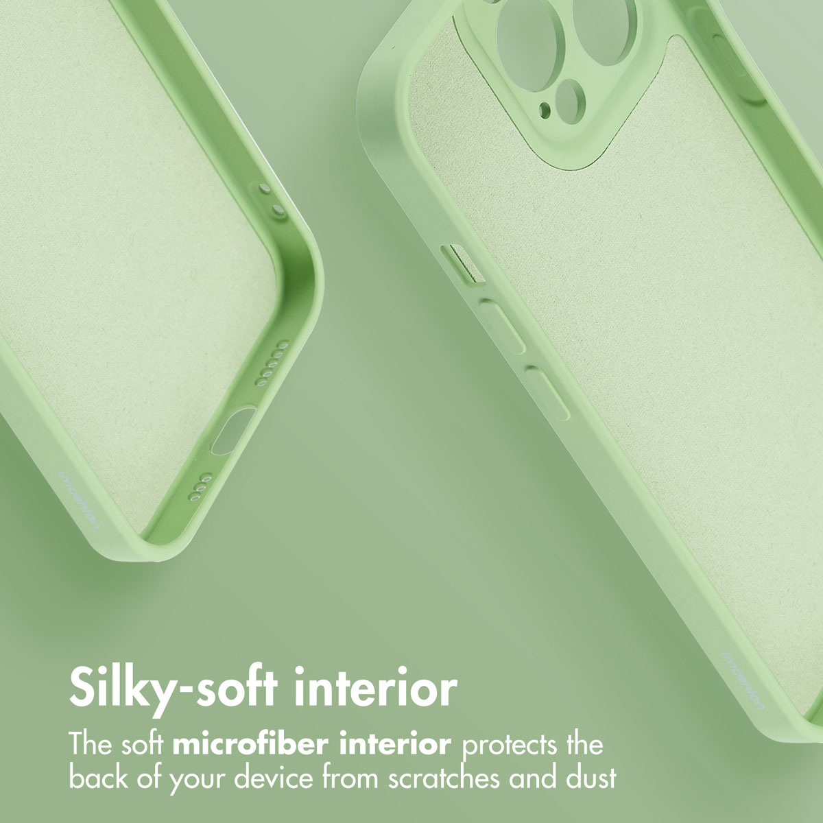 Due custodie per telefono verde chiaro su sfondo verde con testo sull'interno in microfibra.