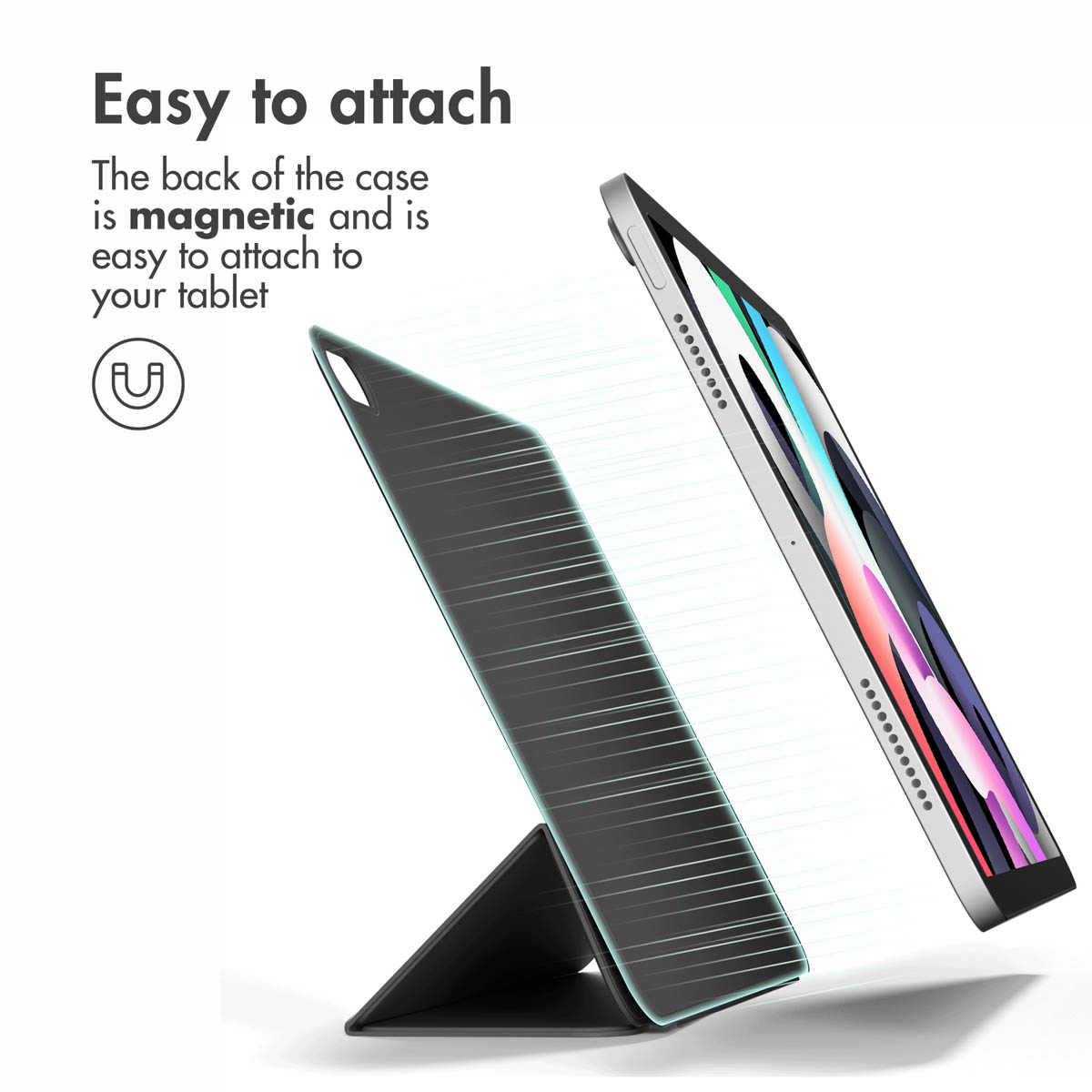 A grey tablet magnetically attaches to a black tablet case stand.