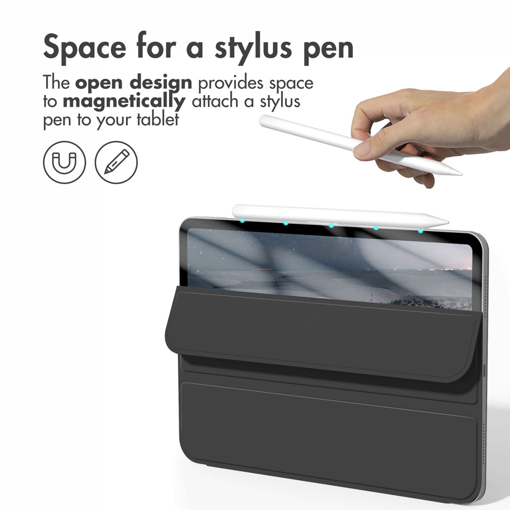 A hand magnetically attaches a stylus pen to the top of a tablet in a case.
