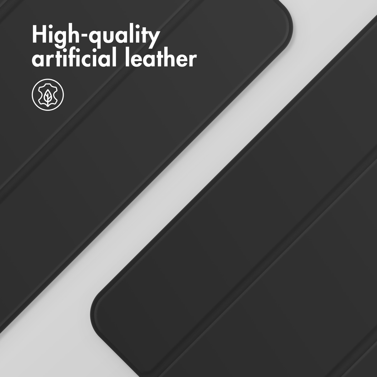 Testo in pelle artificiale di alta qualità con icona su sfondo nero obliquo.