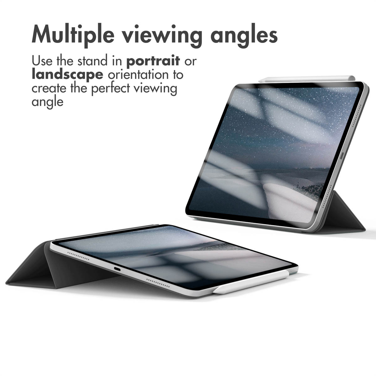 Two tablets with stands shown in portrait and landscape orientations with text promoting multiple viewing angles.