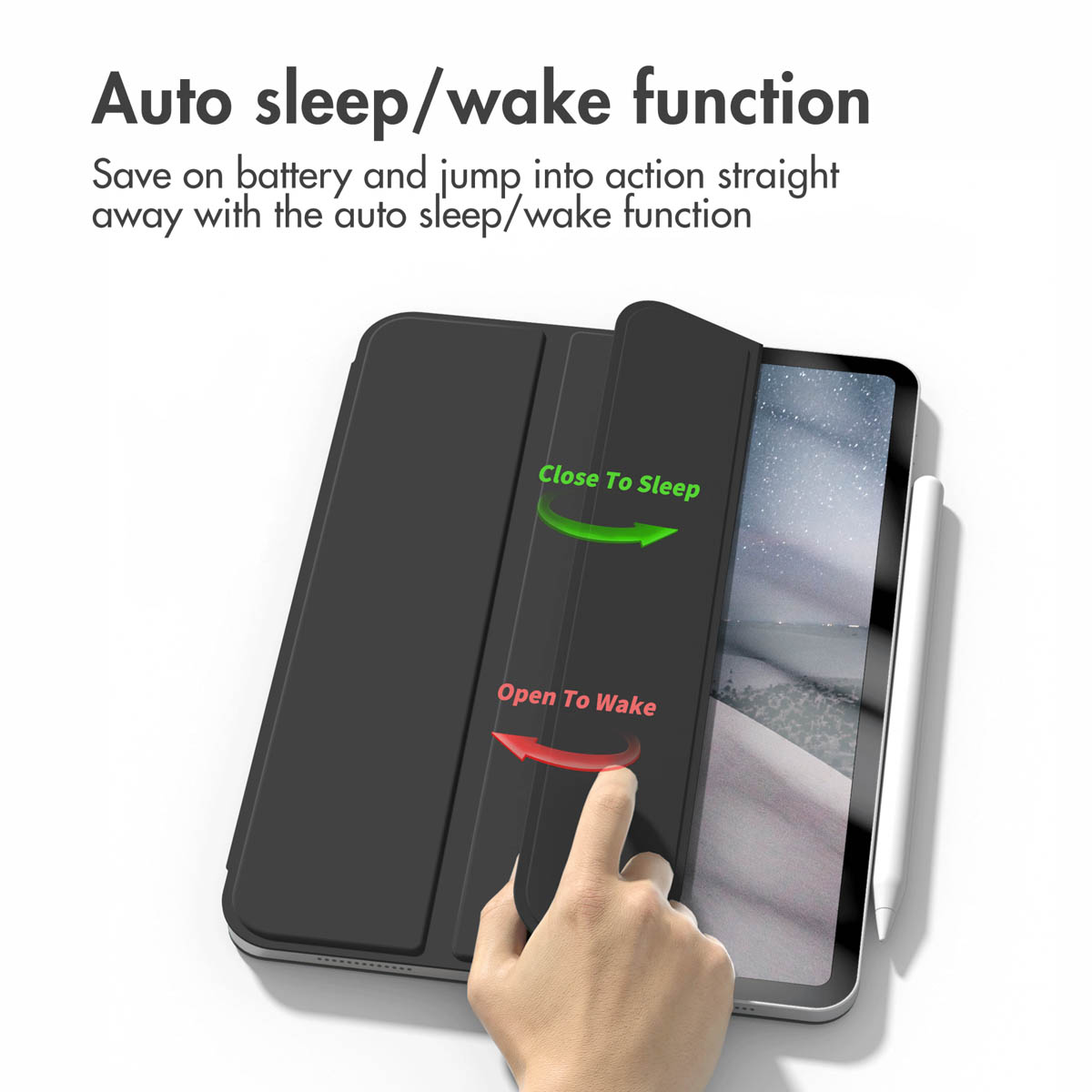 Hand opening tablet case to demonstrate auto sleep and wake function.