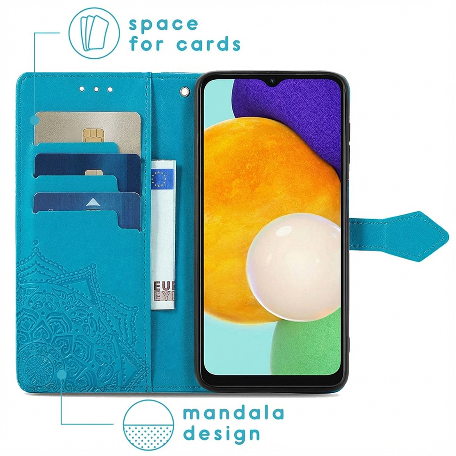 Étui portefeuille bleu pour téléphone avec motif mandala, fentes pour cartes et un smartphone.