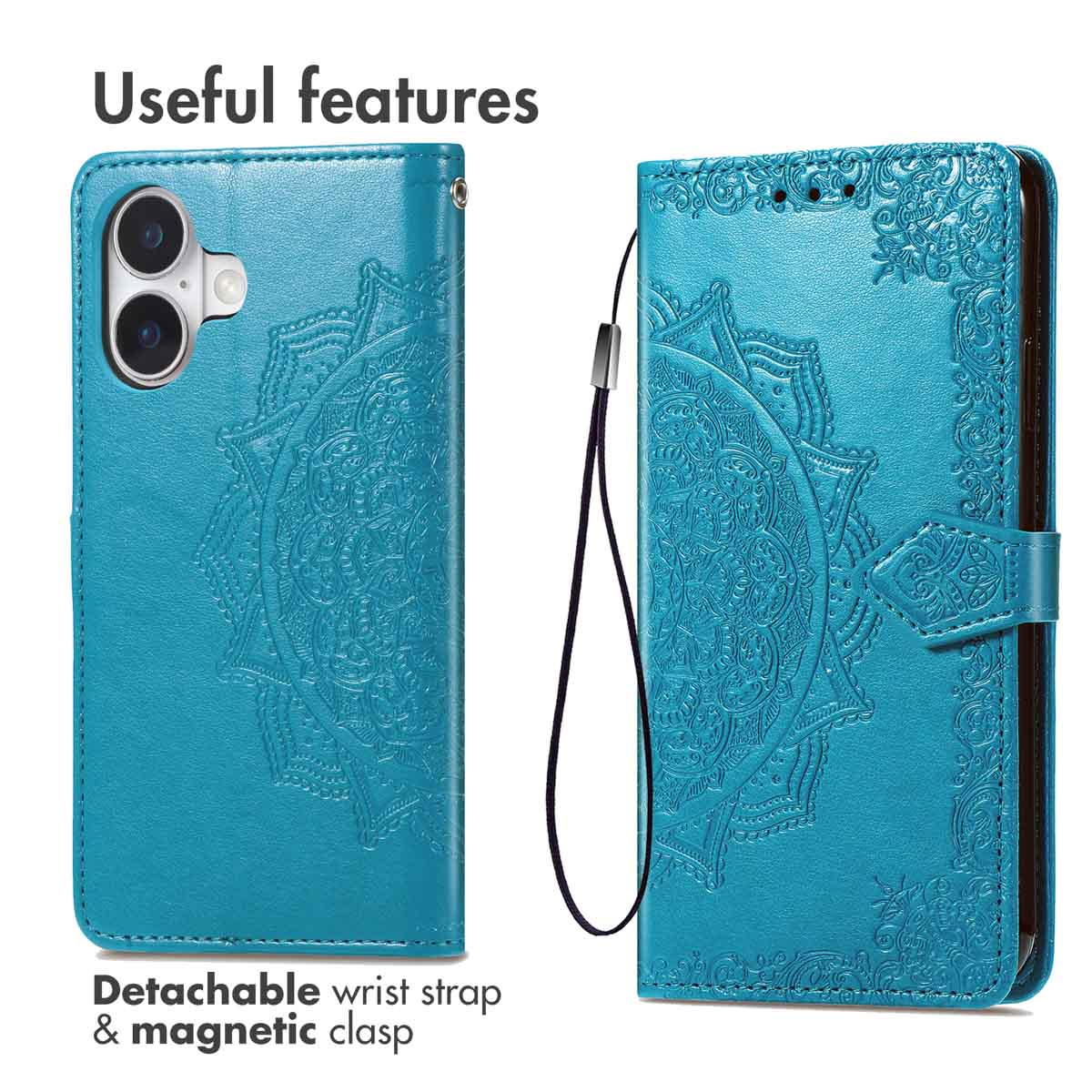 Funda de móvil de cuero azul con diseño de mandala grabado, correa y cierre magnético.