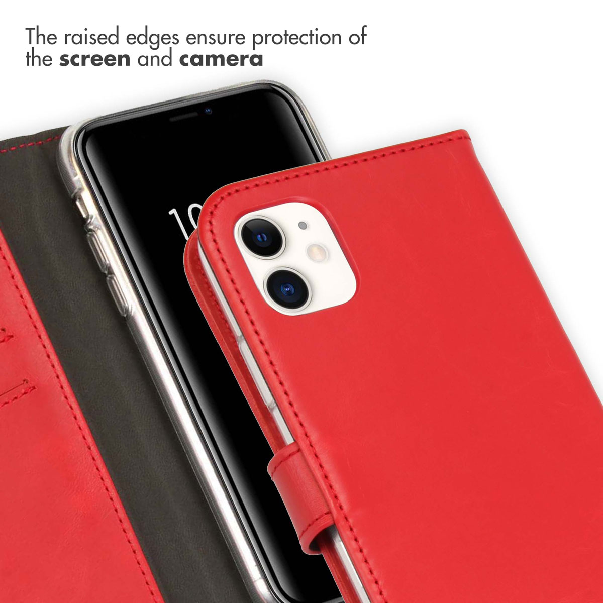 Una custodia in pelle rossa con bordi rialzati per proteggere lo schermo e la fotocamera.
