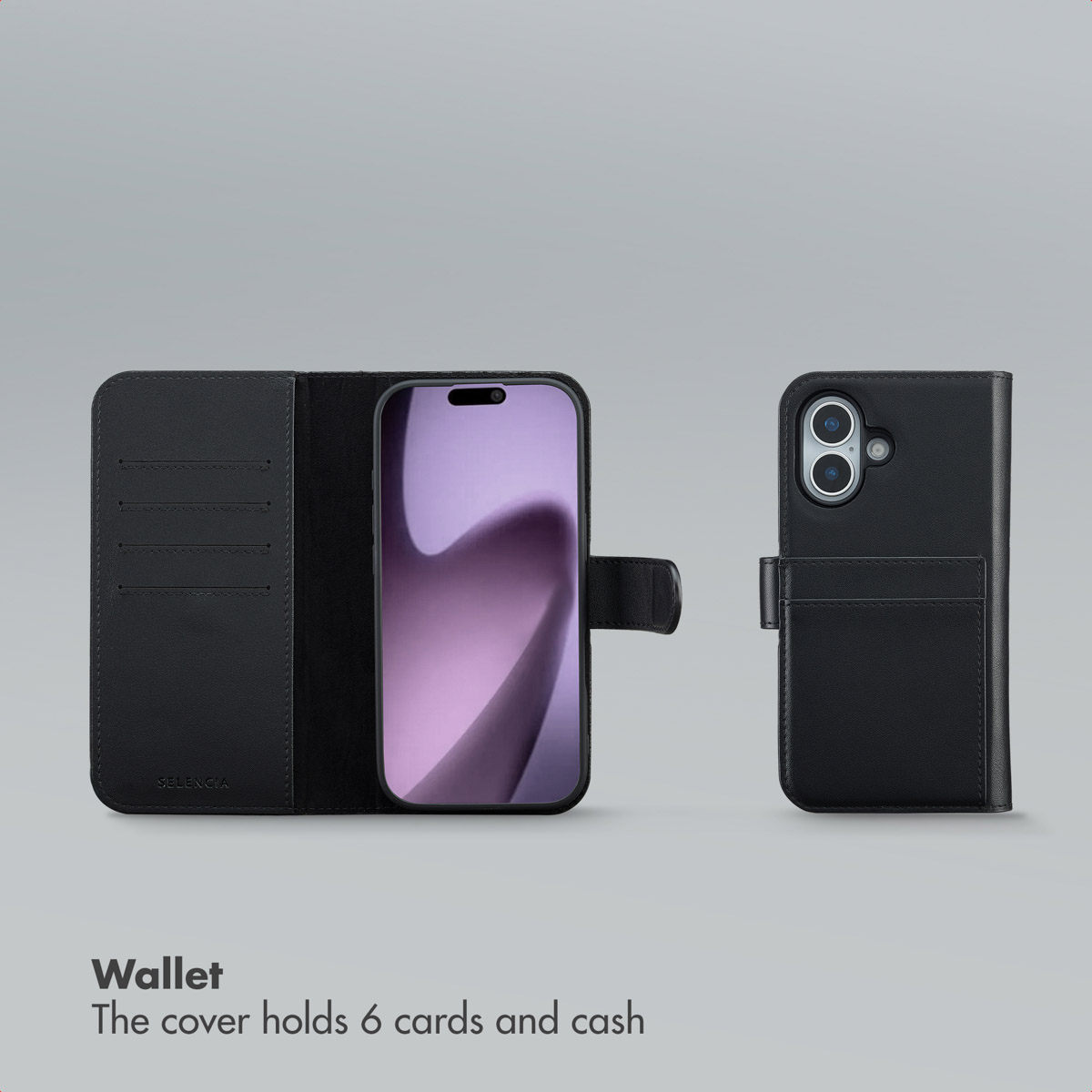 Custodia a portafoglio in pelle nera per smartphone con tasche per carte e ritagli per fotocamera.