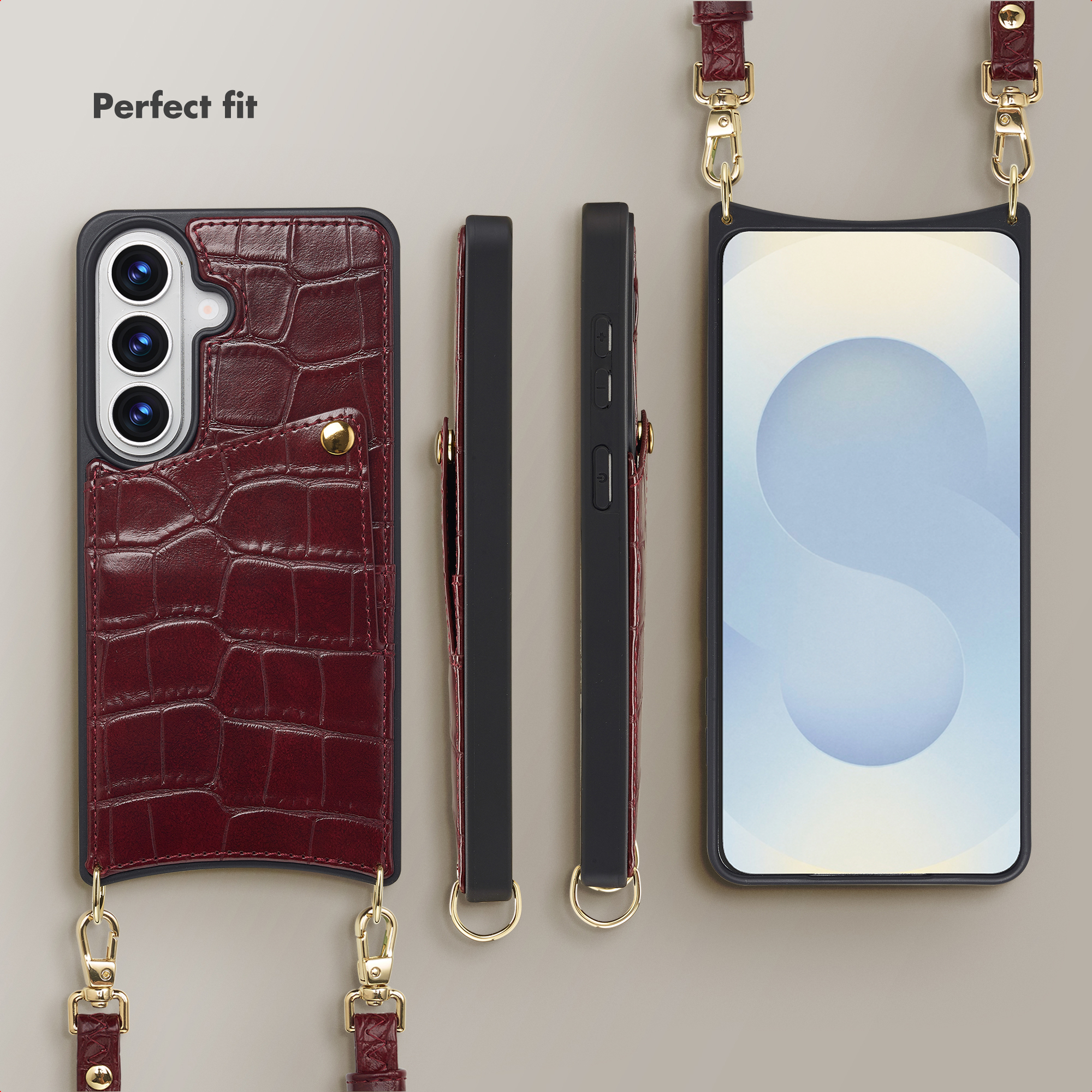 Funda de teléfono roja con textura de cocodrilo, bolsillo, herrajes dorados y correa a juego, vista desde varios ángulos.