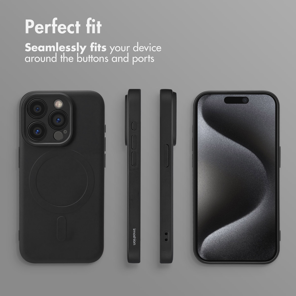 Quattro viste di una cover per smartphone nera su sfondo grigio con la scritta Perfect fit.
