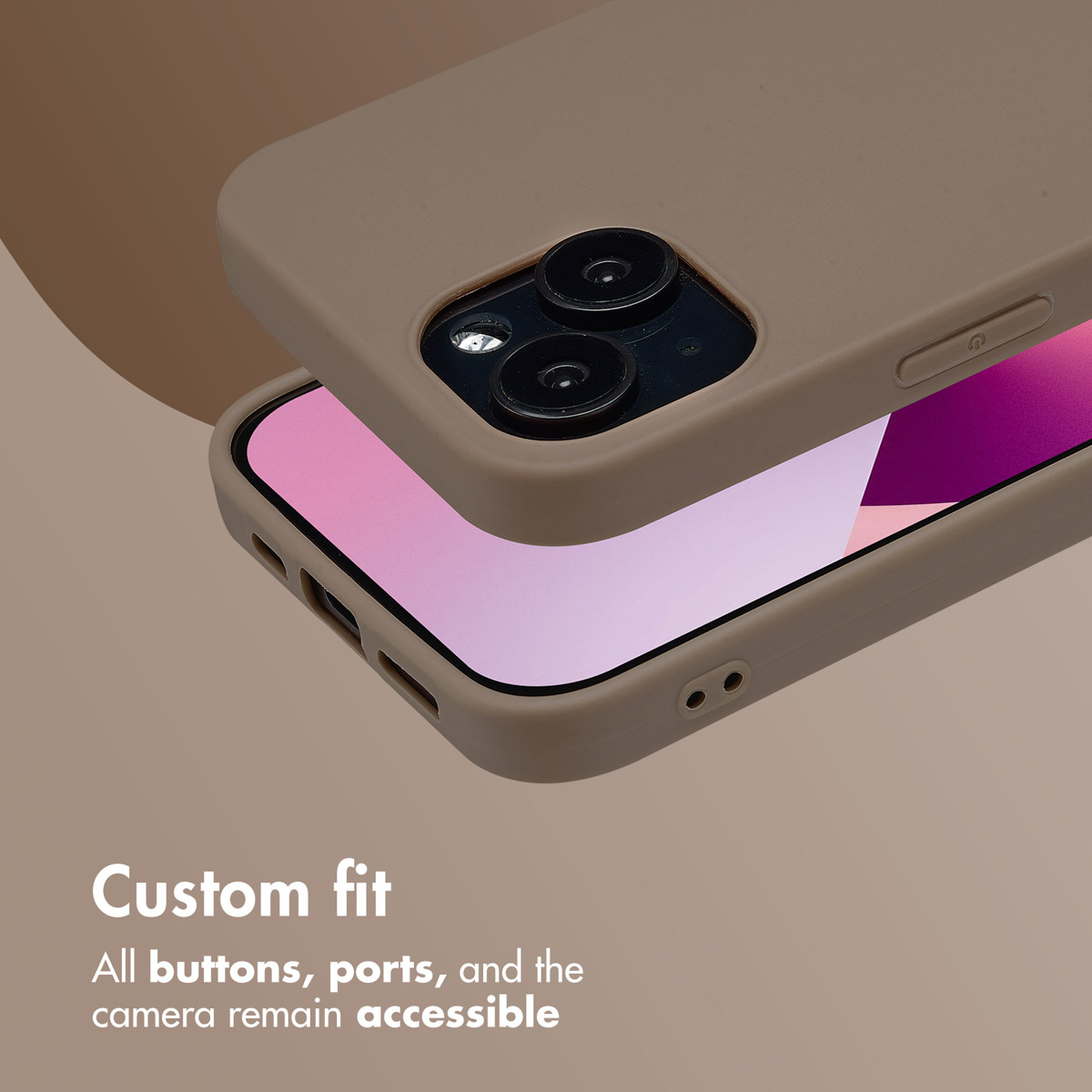 Smartfon w beżowym etui ochronnym pokazującym obiektywy i porty.