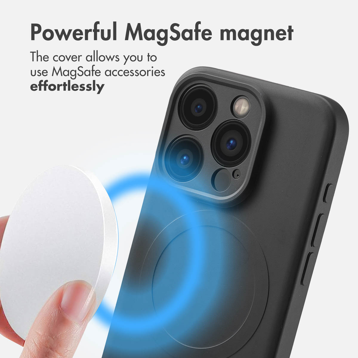 Custodia per telefono con potente magnete MagSafe mostrata con un accessorio MagSafe bianco.