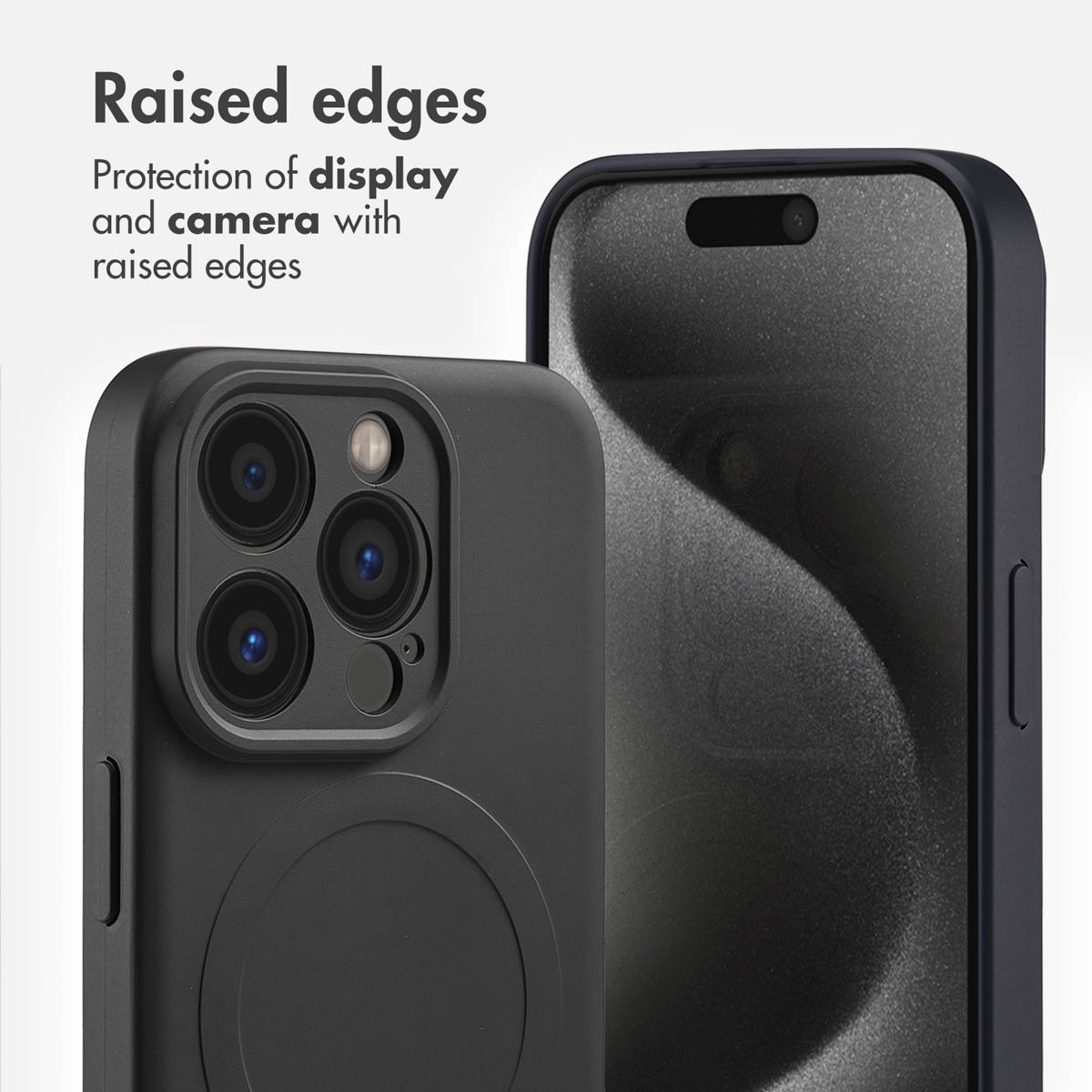 Custodia per smartphone nera con bordi rialzati per proteggere schermo e fotocamera.