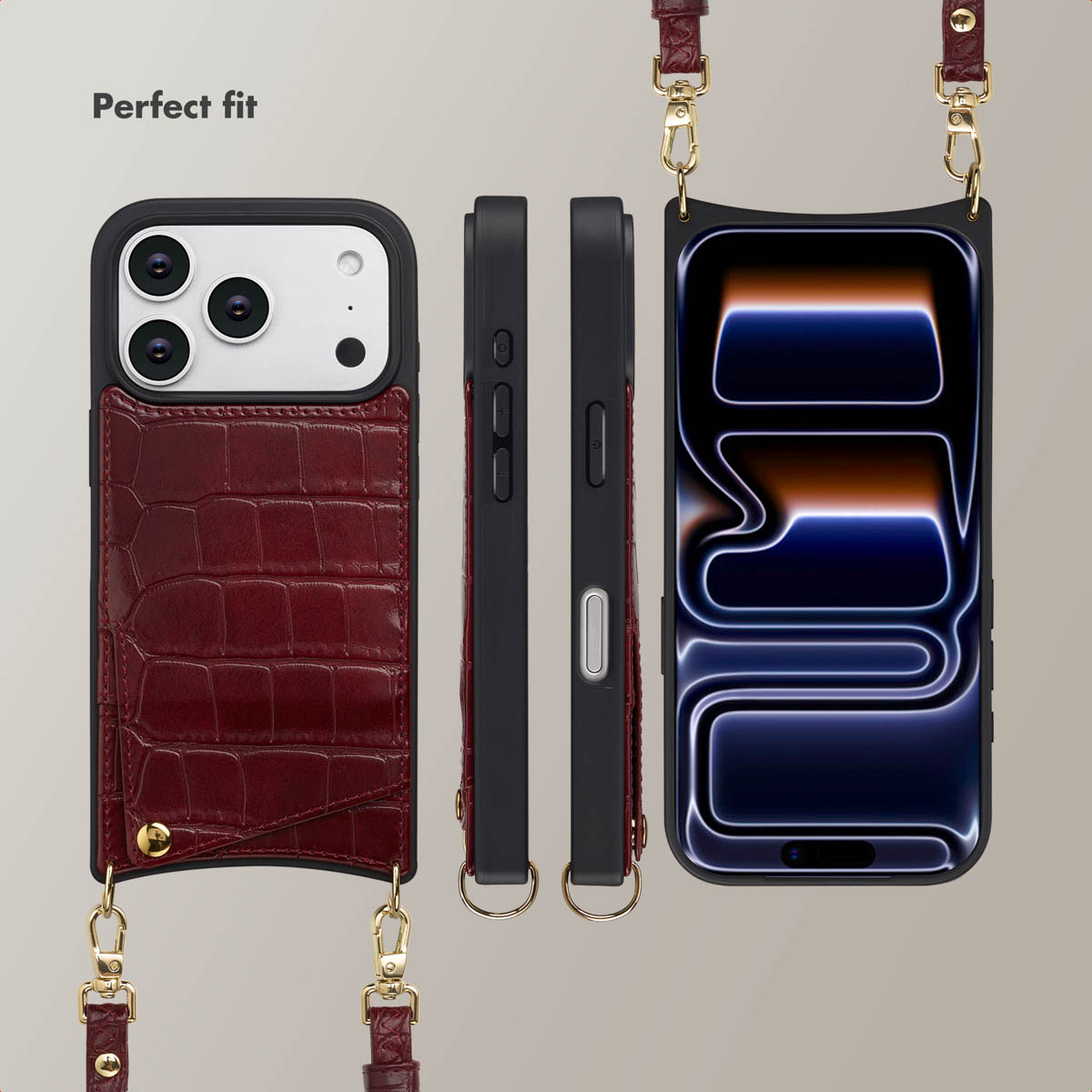 Funda de móvil de piel de cocodrilo marrón rojiza con correa, parte trasera y pantalla.