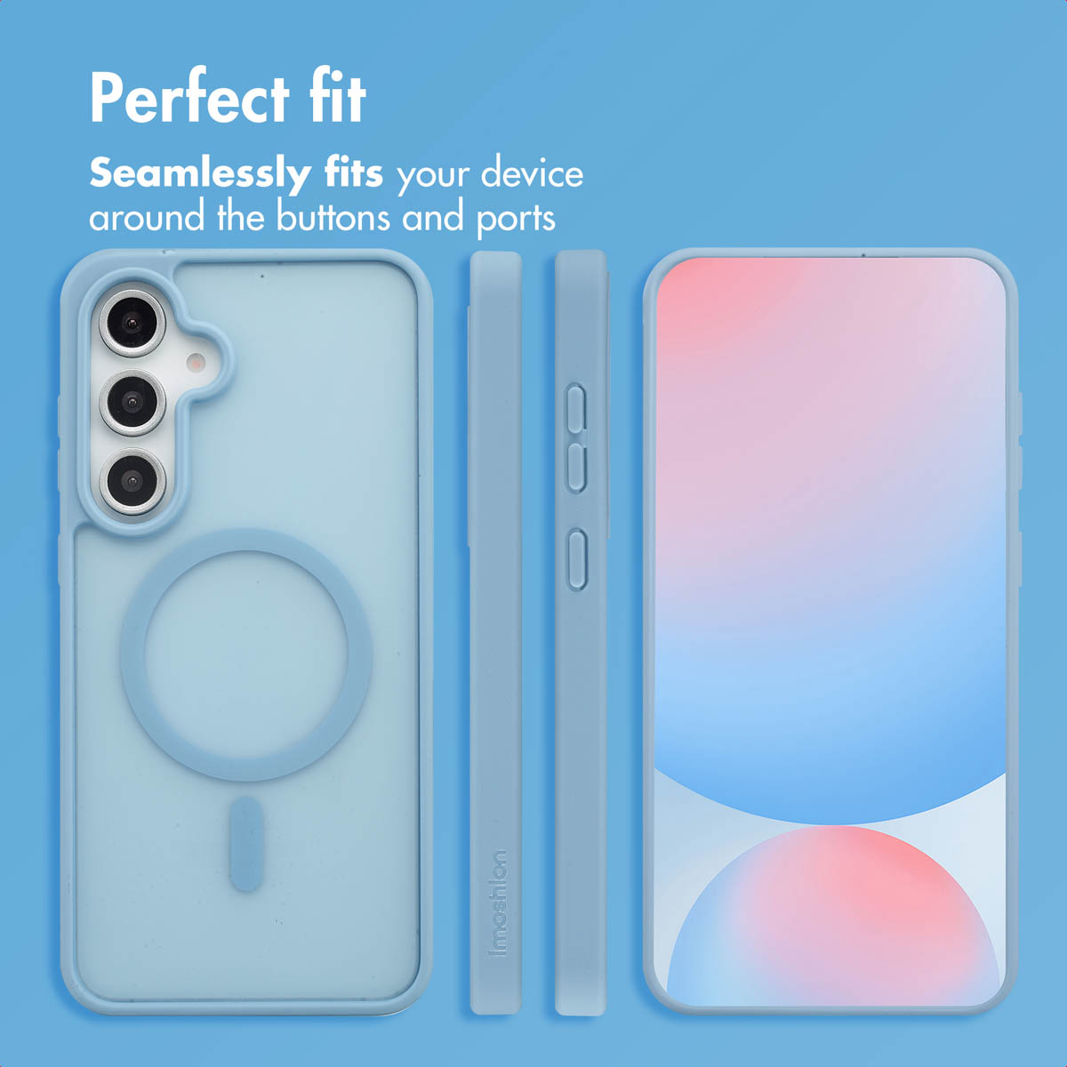 Blaue Smartphone-Hülle gezeigt von hinten, der Seite und vorne auf blauem Hintergrund.