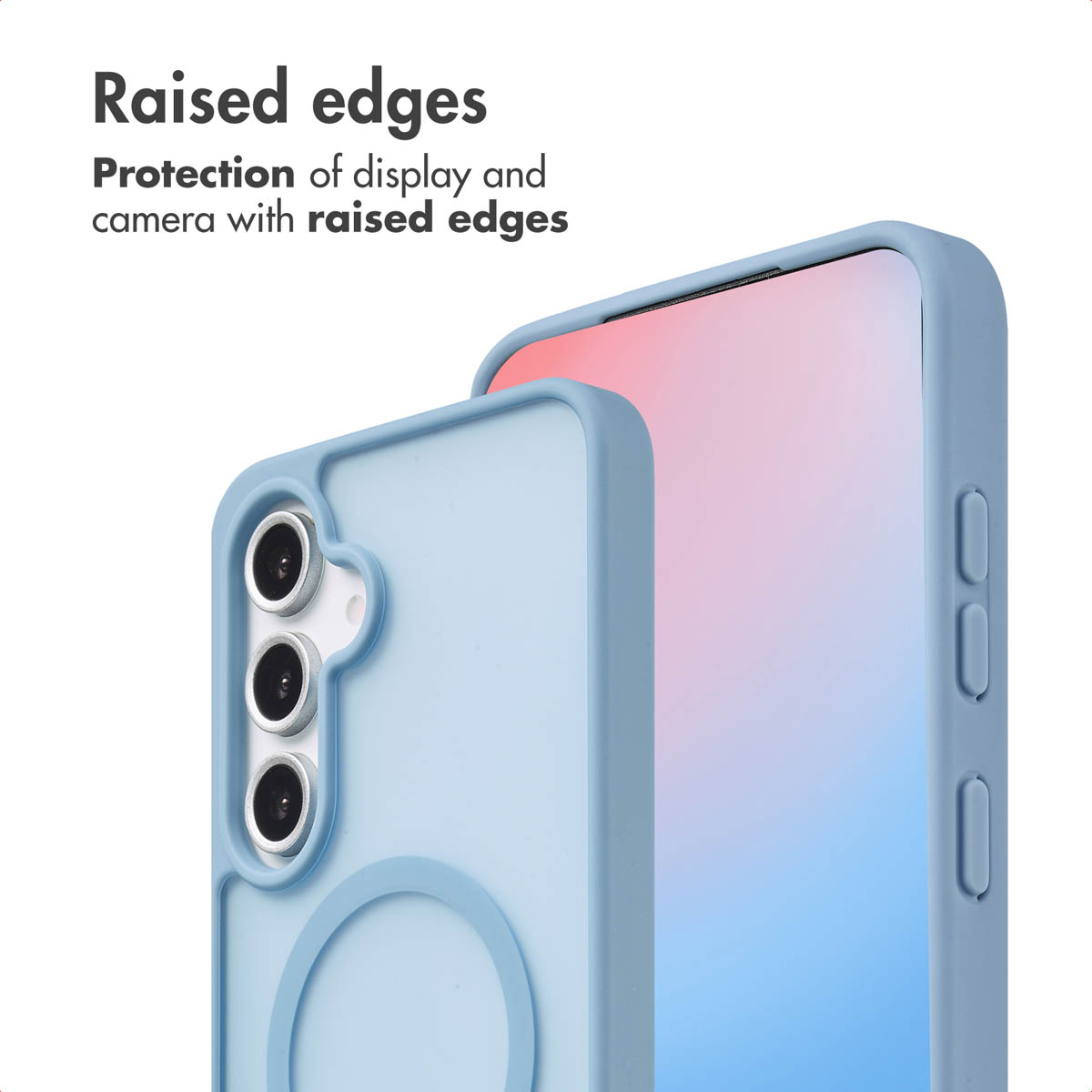 Blaue Smartphone-Hülle mit erhöhten Kanten für Display- und Kameraschutz.
