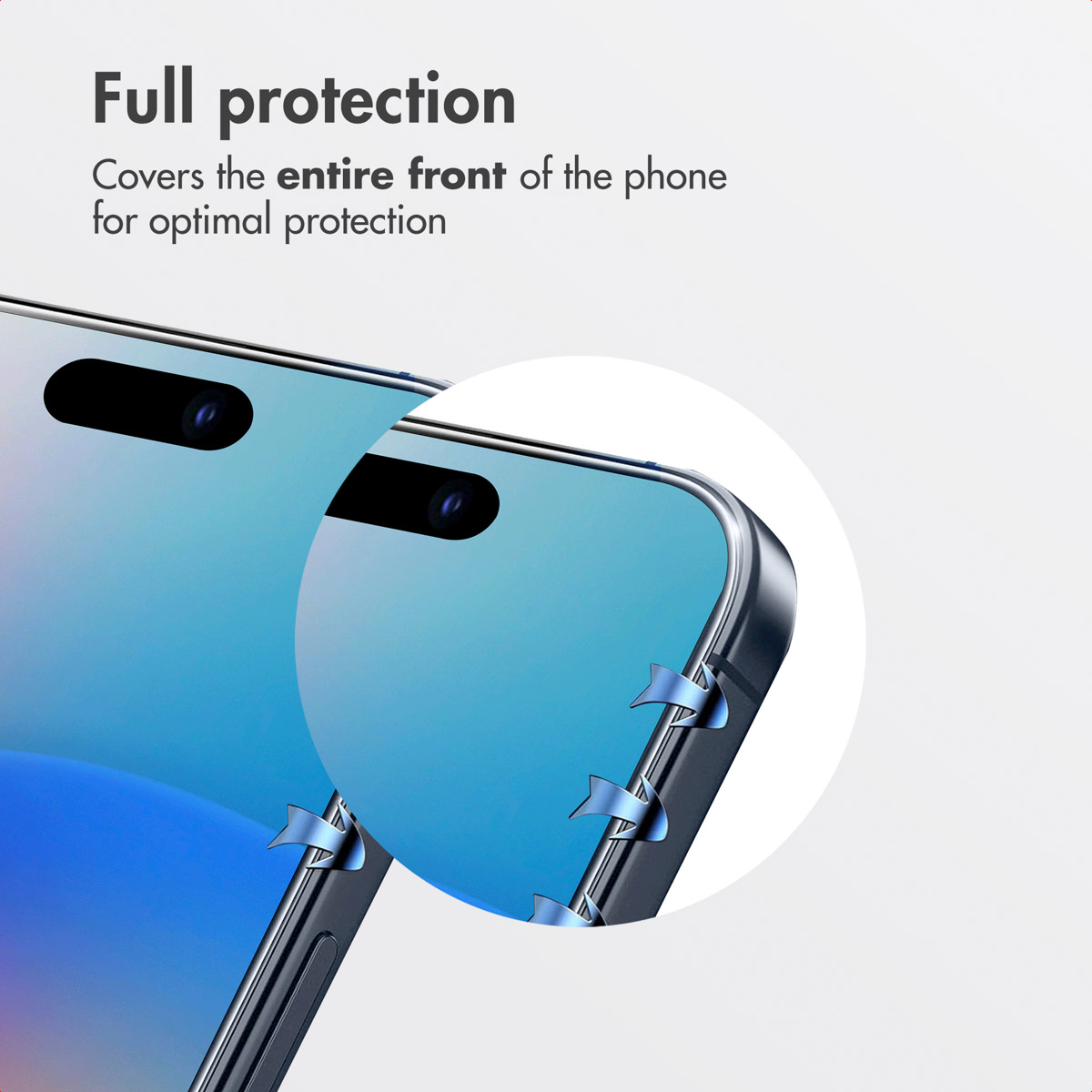 Smartphone display with protective glass and a magnified edge showing blue arrows.
